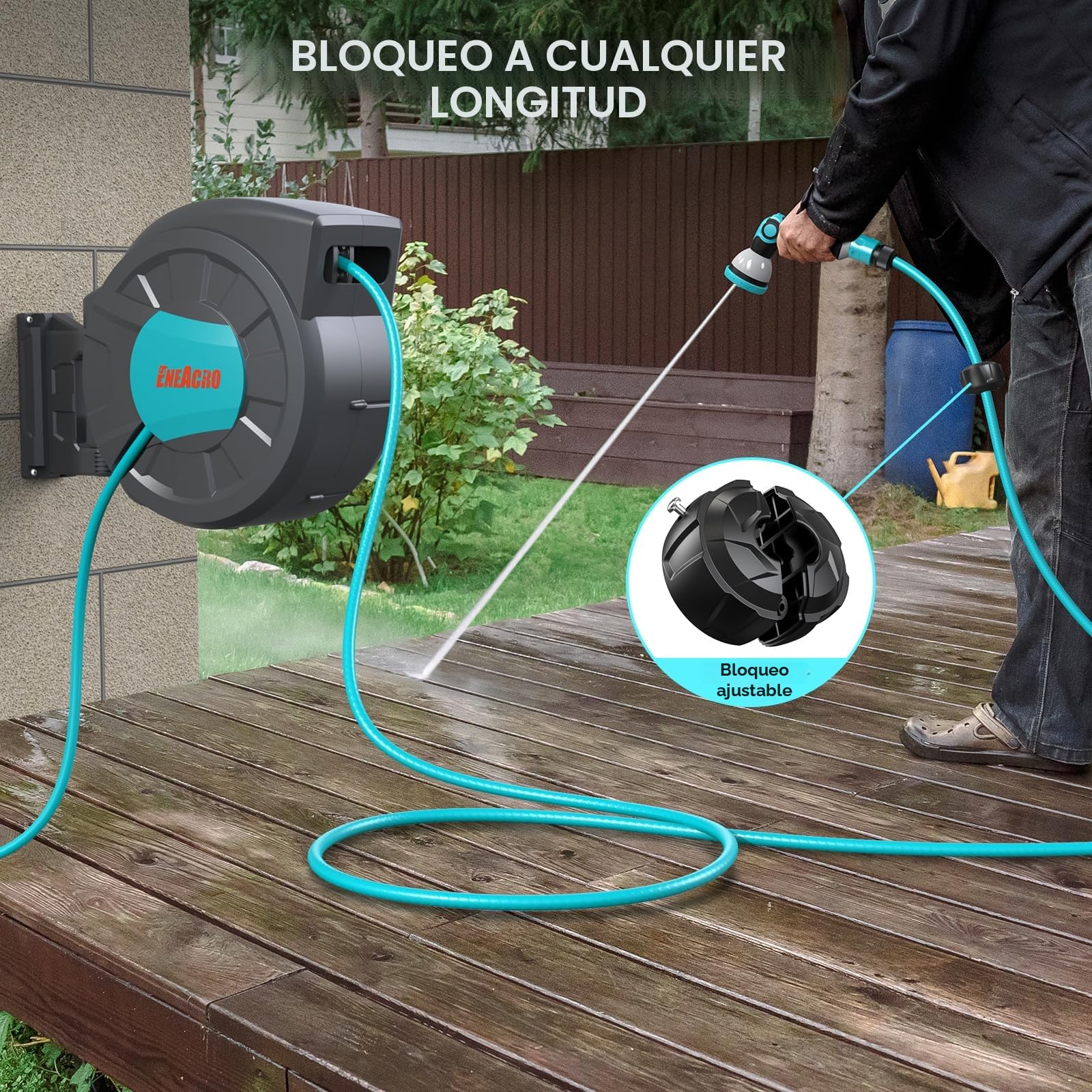 ENEACRO Enrollador Manguera Jardin de 35+2 m | Cartucho de manguera de pared con pistola pulverizadora de 10 funciones y función de enrollado automático, Garden Hose Reel