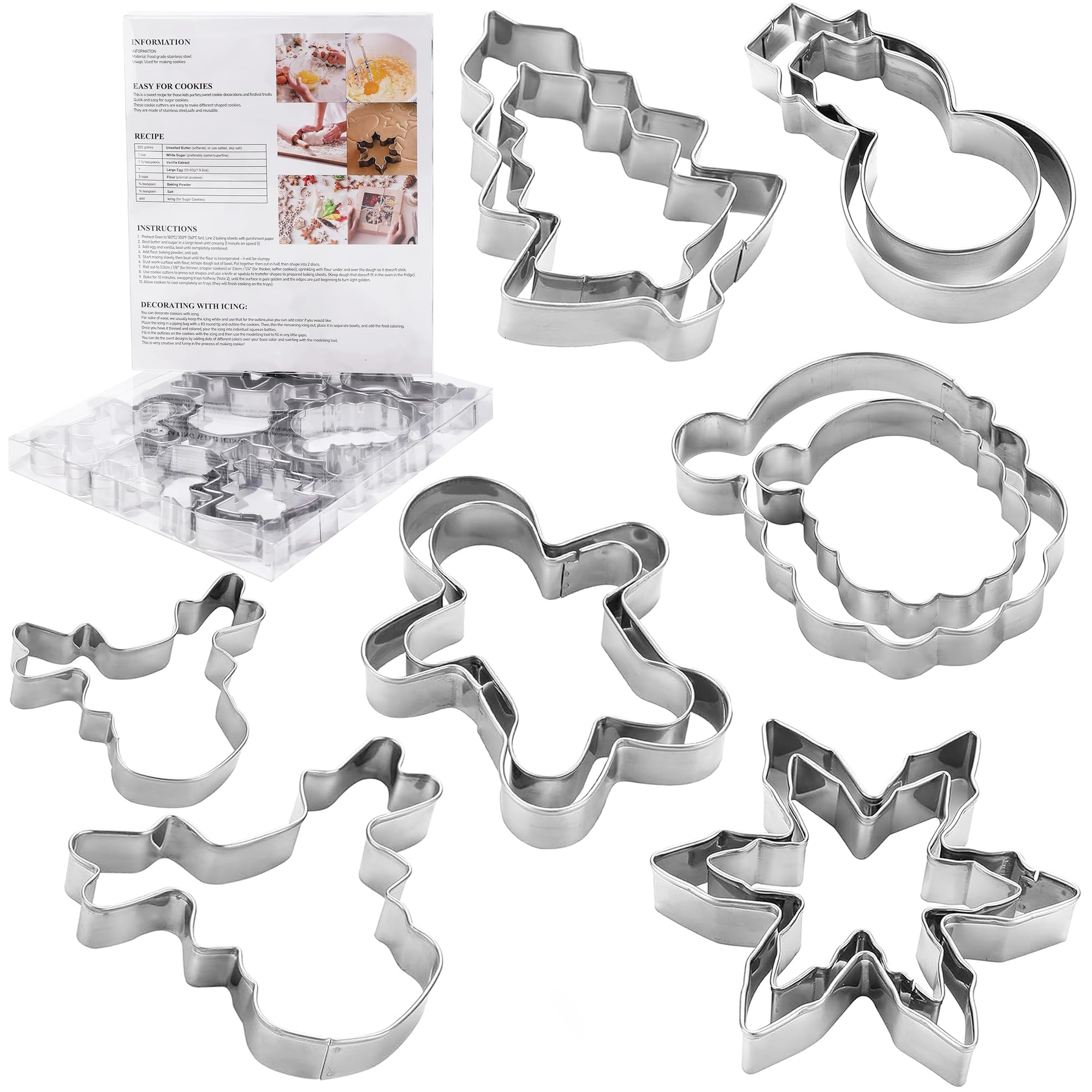 Large Christmas Cookie Cutters,4" Holiday Sturdy Molds thickened Stainless Steel with Recipe Instruction,Snowman, Christmas tree, elk, snowflake,Santa Face,Gingerbread Men for Baking.