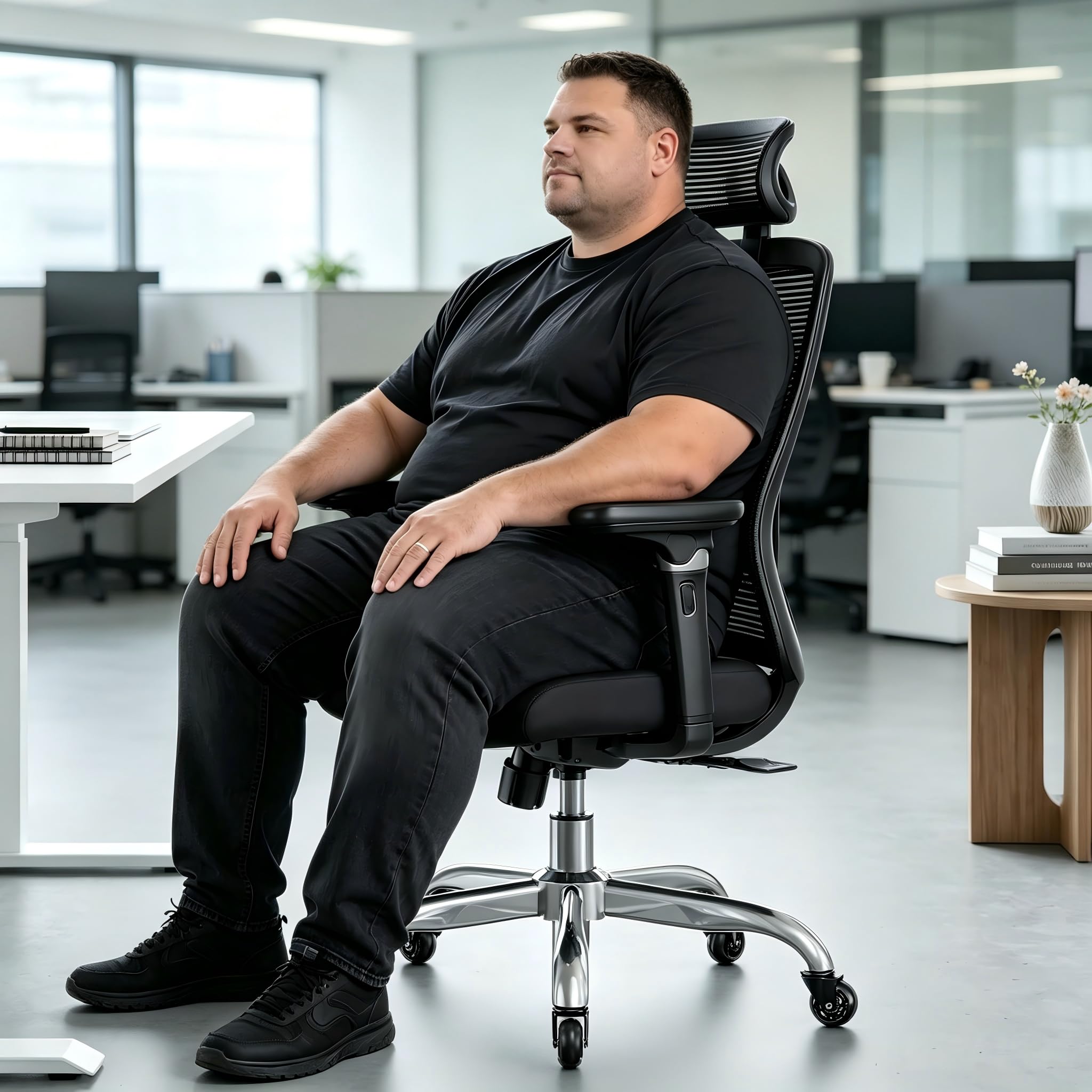 Marsail Bürostuhl mit 6D-Armlehnen, 3D-Verstellbarer Kopfstütze, Schiebesitz, Lendenwirbelstütze, 4-Position-Neigungsschloss – hoher und großer Schreibtischstuhl mit Kapazität von 150kg, Schwarz