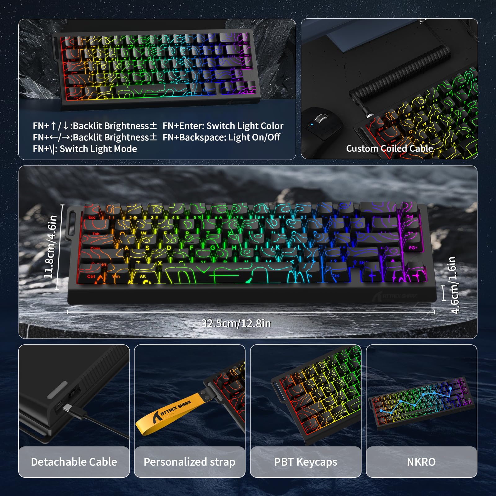 MAMBASNAKE x ATTACK SHARK X68HE Klawiatura mechaniczna Rapid Trigger Magnetic Switch, 0,01 mm Regulowana aktywacja Przewodowa 60% Klawiatura do gier z kablem spiralnym, 8KHz, SOCD, RGB(czarne kontury)