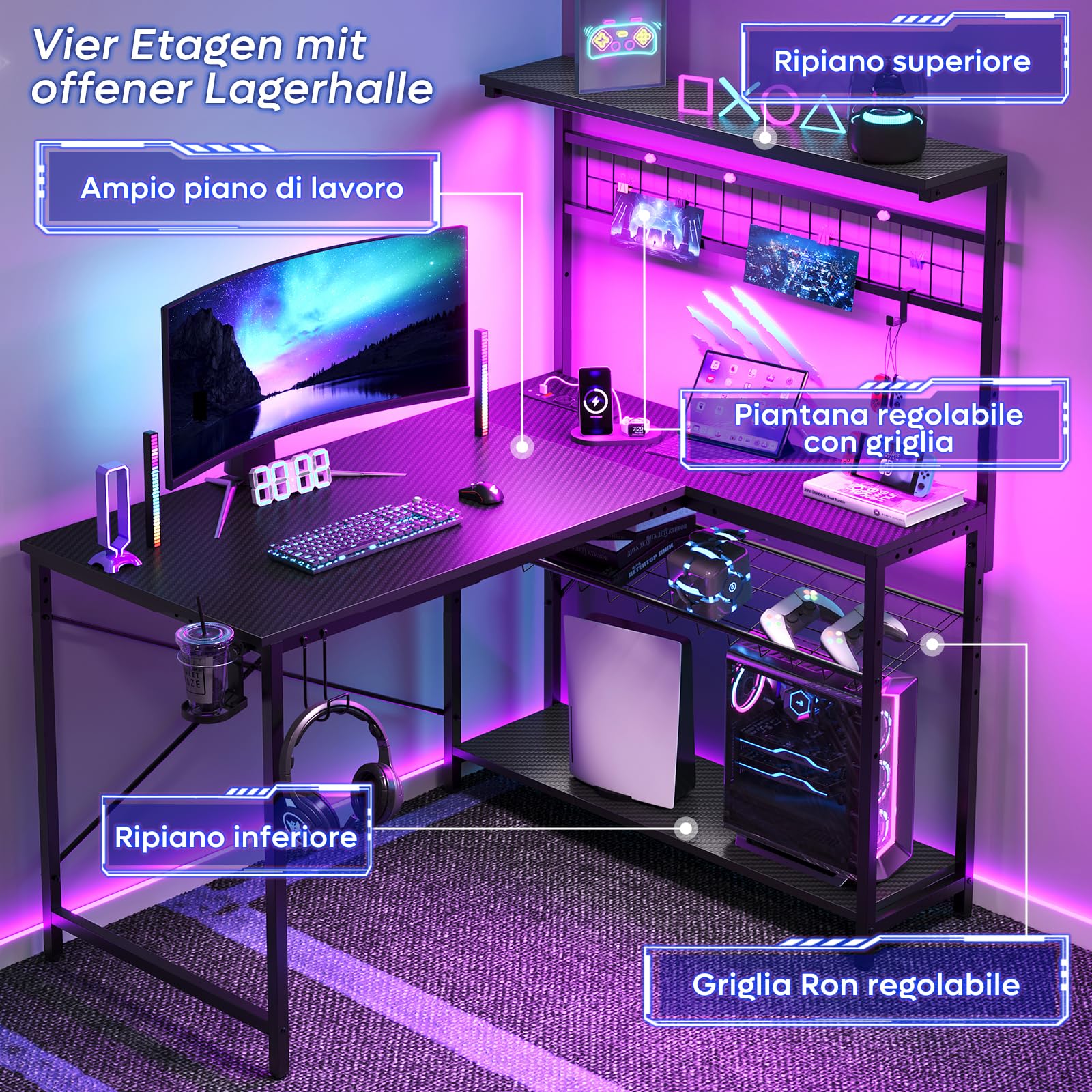 Bestier Scrivania a L con prese di corrente e luci LED Scrivania angolare compatta con ripiani Scrivania per computer reversibile con ganci per la camera da letto dell'ufficio domestico 106,5CM