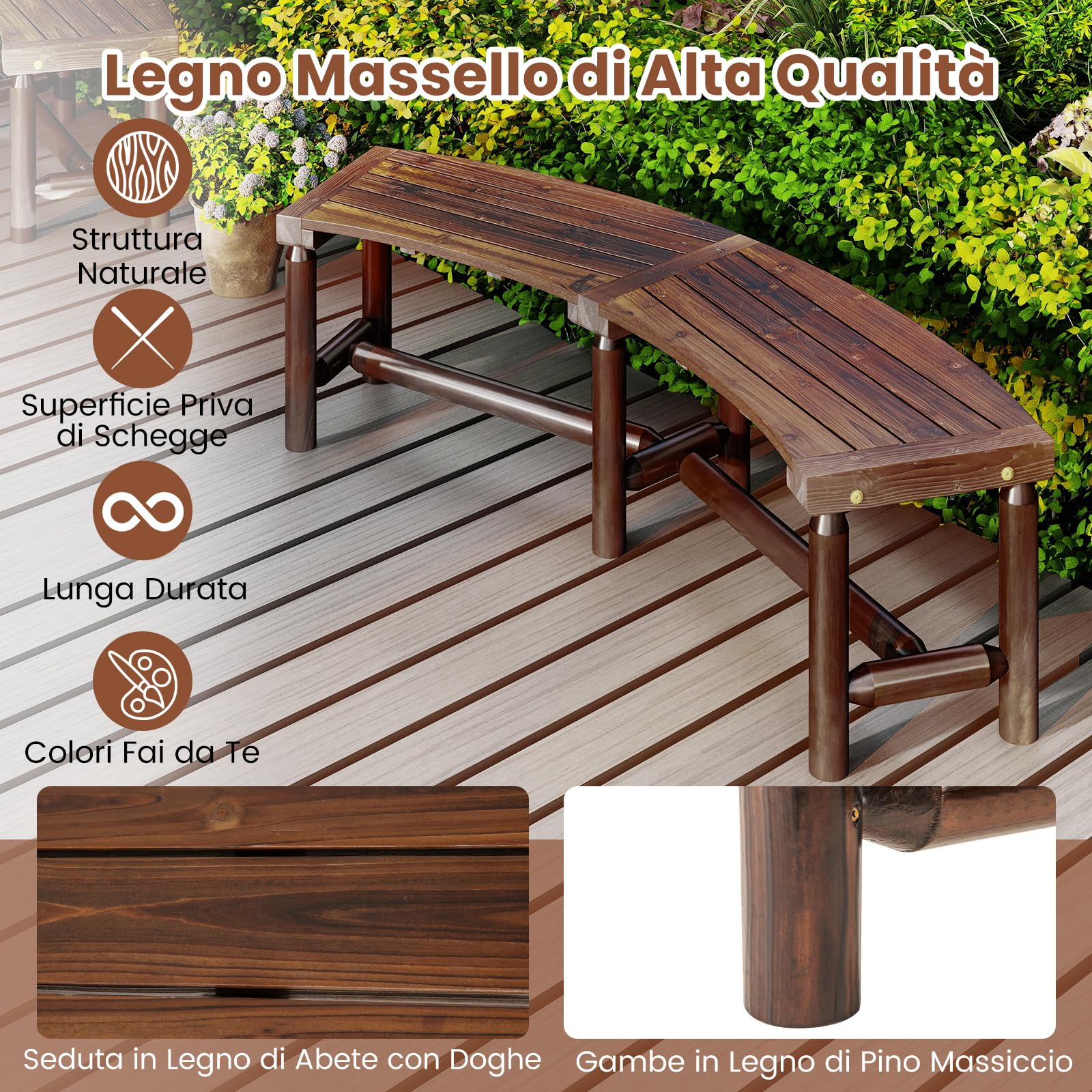 COSTWAY Panchina Curva da Patio, Panchina di Legno Massello per 2-3 Persone, Panca da Fuoco Senza Schienale per Esterni, Giardino e Bordo Piscina, Portata 360 kg (Marrone)