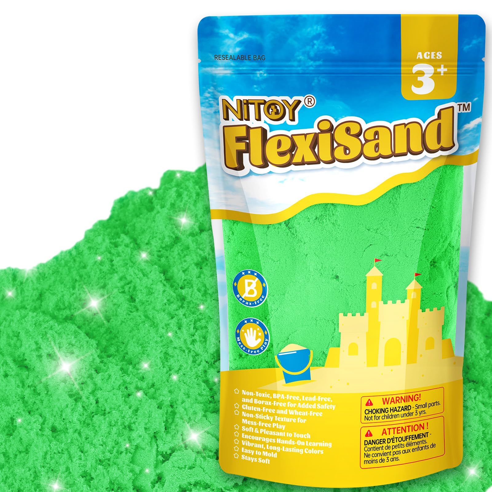 NiToy 2.2Lbs/1kg Sand, Never Dries Out-Fun for 3 Years and up Kids Bulk Refill for Sensory Sand Box Toys, Ideal for Shaping, Squeezing and Molding(Green)