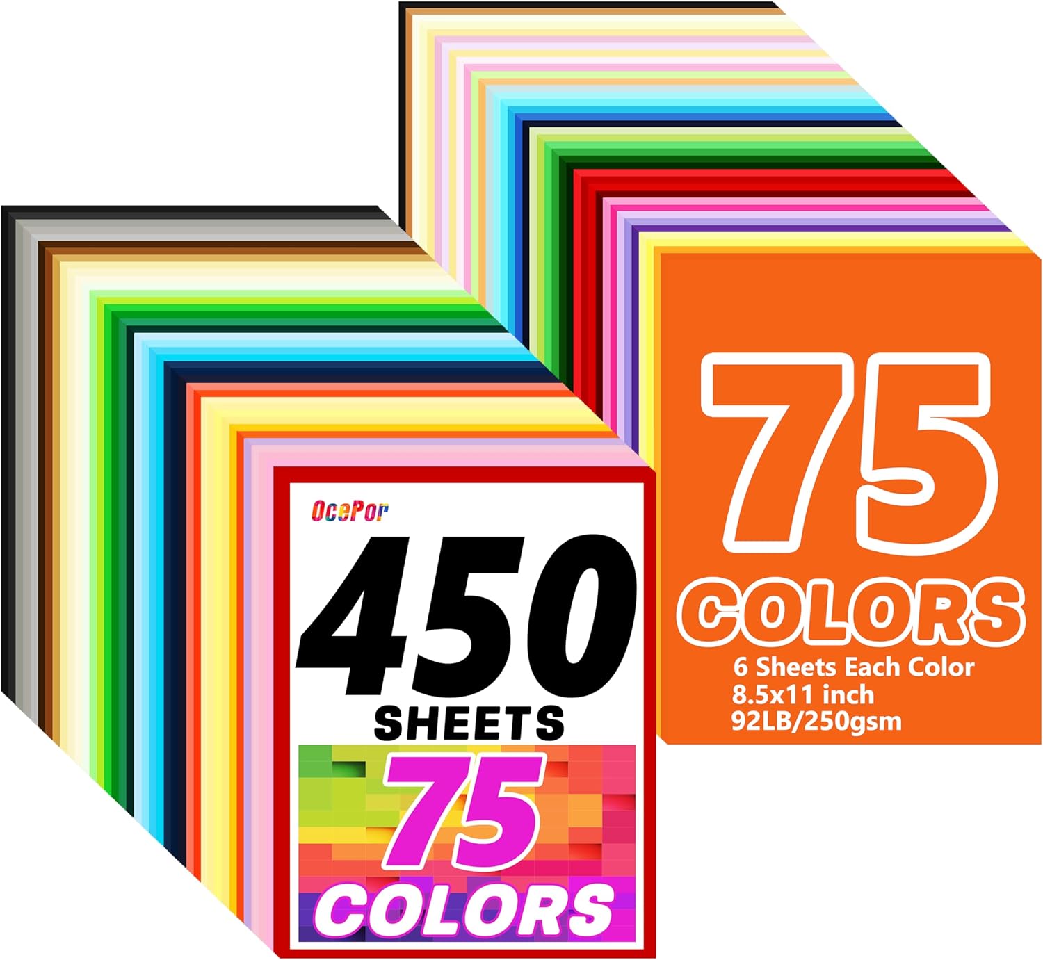OcePor 450 Sheets Colored Cardstock 75 Colors, 8.5x11 Color Cardstock Bulk, 250gsm/92lb Assorted Colors Construction Paper for Printing, Card Making, Die Cutting, Crafts, Scrapbooking, Party