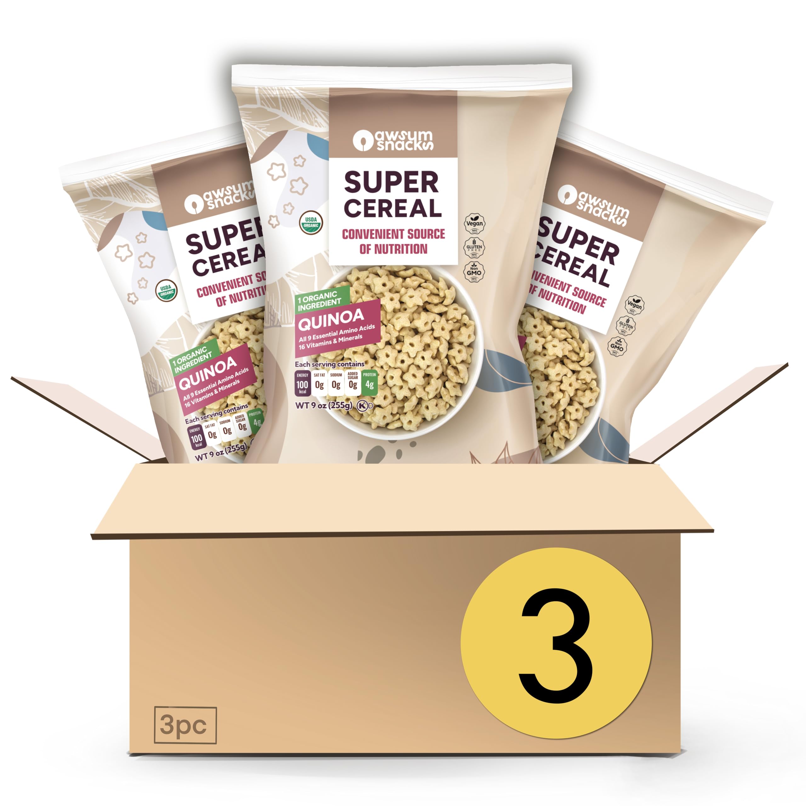 Awsum Snacks SUPERCEREAL 6oz (Pack of 3) - Certified USDA Organic, Vegan, Gluten Free, Non GMO, Kosher & Grain, Dairy and Sugar Free Cereals - Diabetic Healthy Snack - Cereal Puffed Quinoa