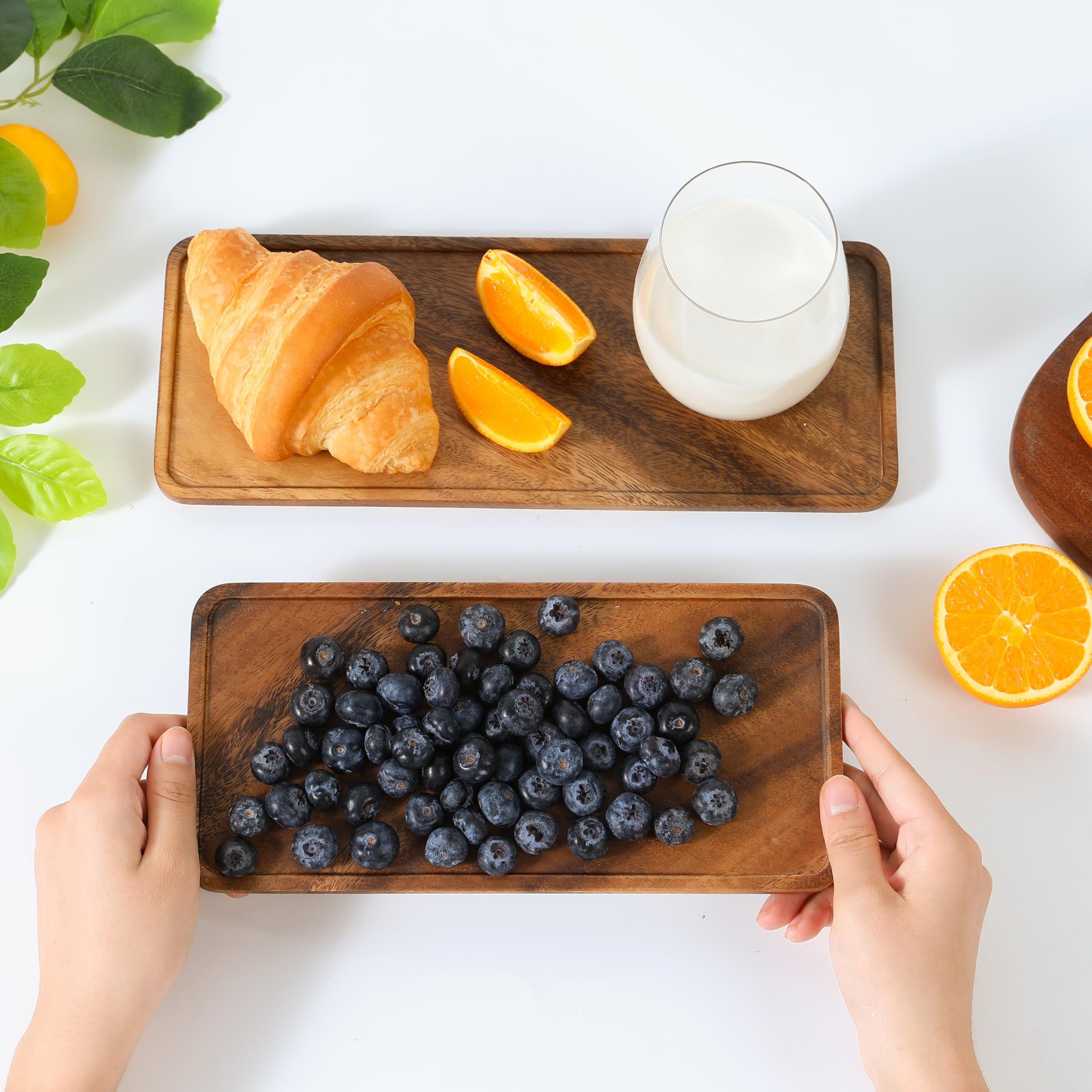 Premium Quality Durable Walnut Long Rectangular Wooden Plates Set of 2(10", 12")-100% Natural Wood Serving Plate for Coffee Table-Great Home Decor Platter for Breakfast & Dining