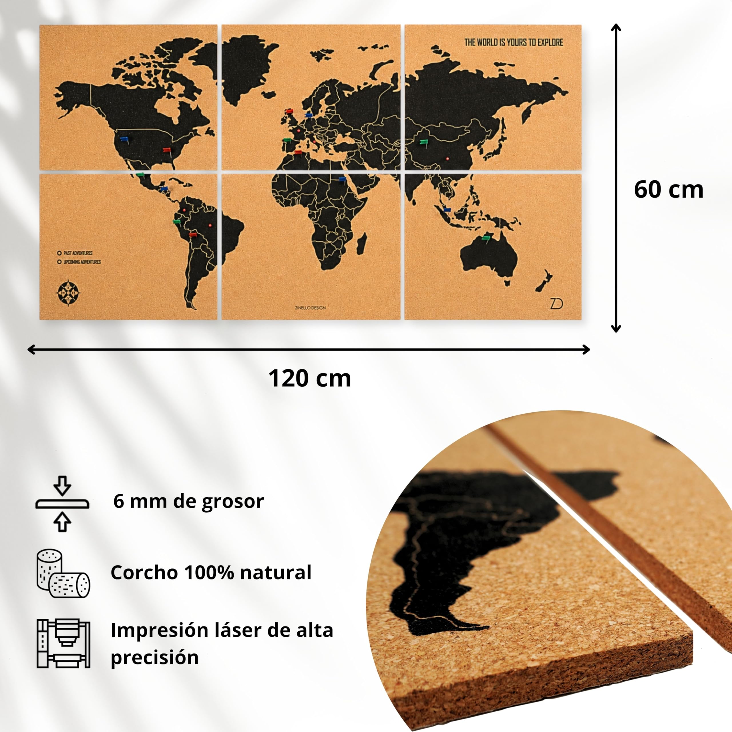 Mapa Mundi Corcho Pared XXL 120x60 cm – 6 Paneles Autoadhesivos – Mapa para Marcar Viajes con Chinchetas – 60 Chinchetas Incluidas – Decoración Hogar