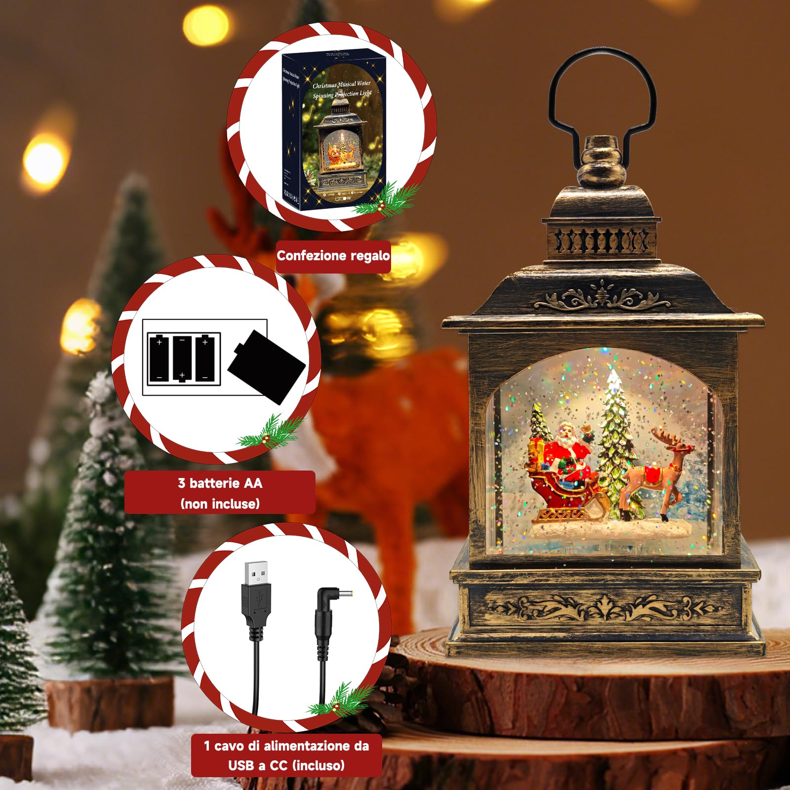 Lanterna di Natale,natale decorazioni casa,Palle di vetro natalizie Globi con Musica,Proiezione,Timer,Glitterata Neve - 3AA Batteria/USB – Decorazione Natalizia 2026 per Casa e Tavolo,regali di natale