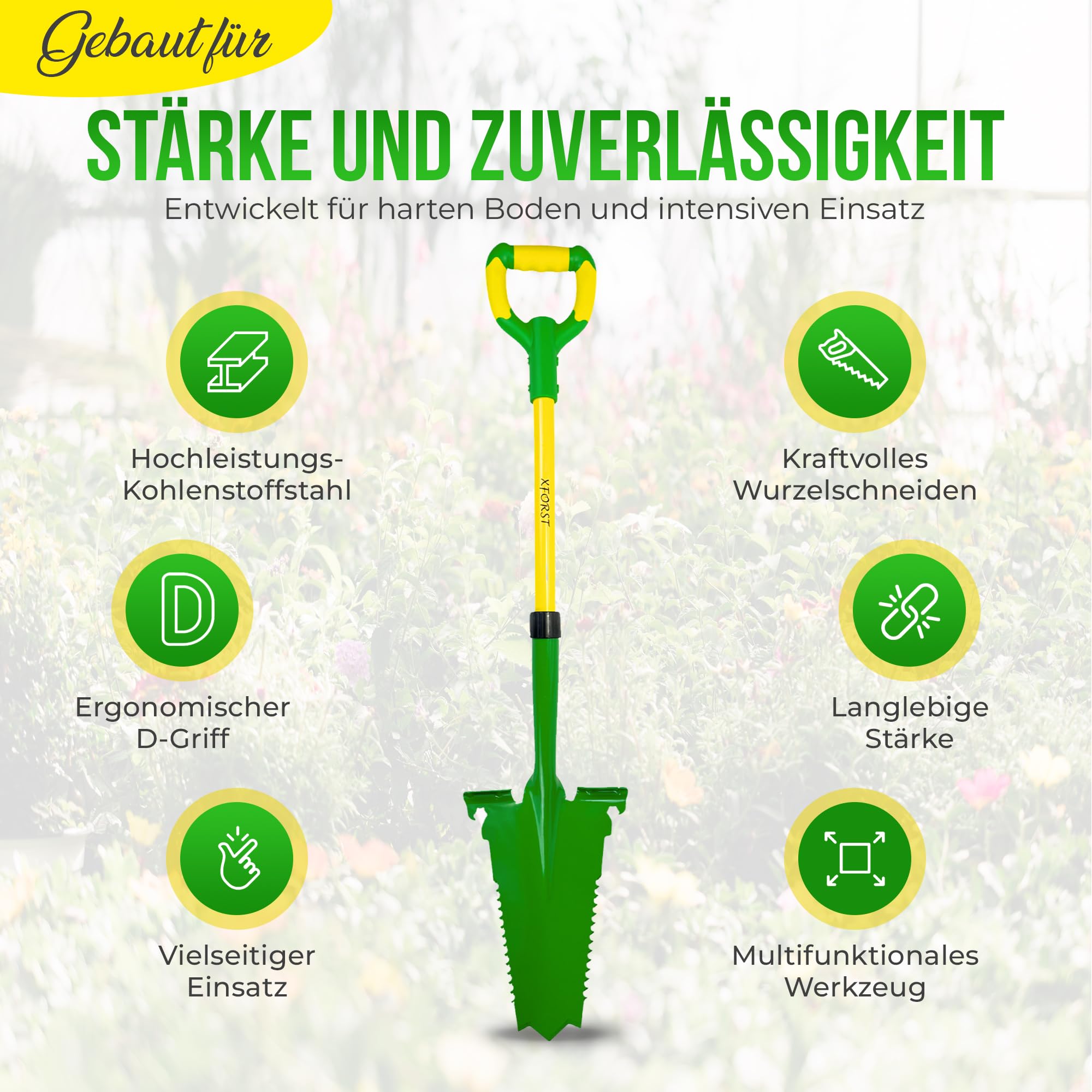 Xforst Vanga da Giardino SZ3 – Vanga con Sega per Radici 114 cm – Lama in Acciaio al Carbonio 25×35 cm – Manico in Fibra di Vetro Giallo con Impugnatura Ergonomica – Attrezzo da Giardinaggio e Outdoor