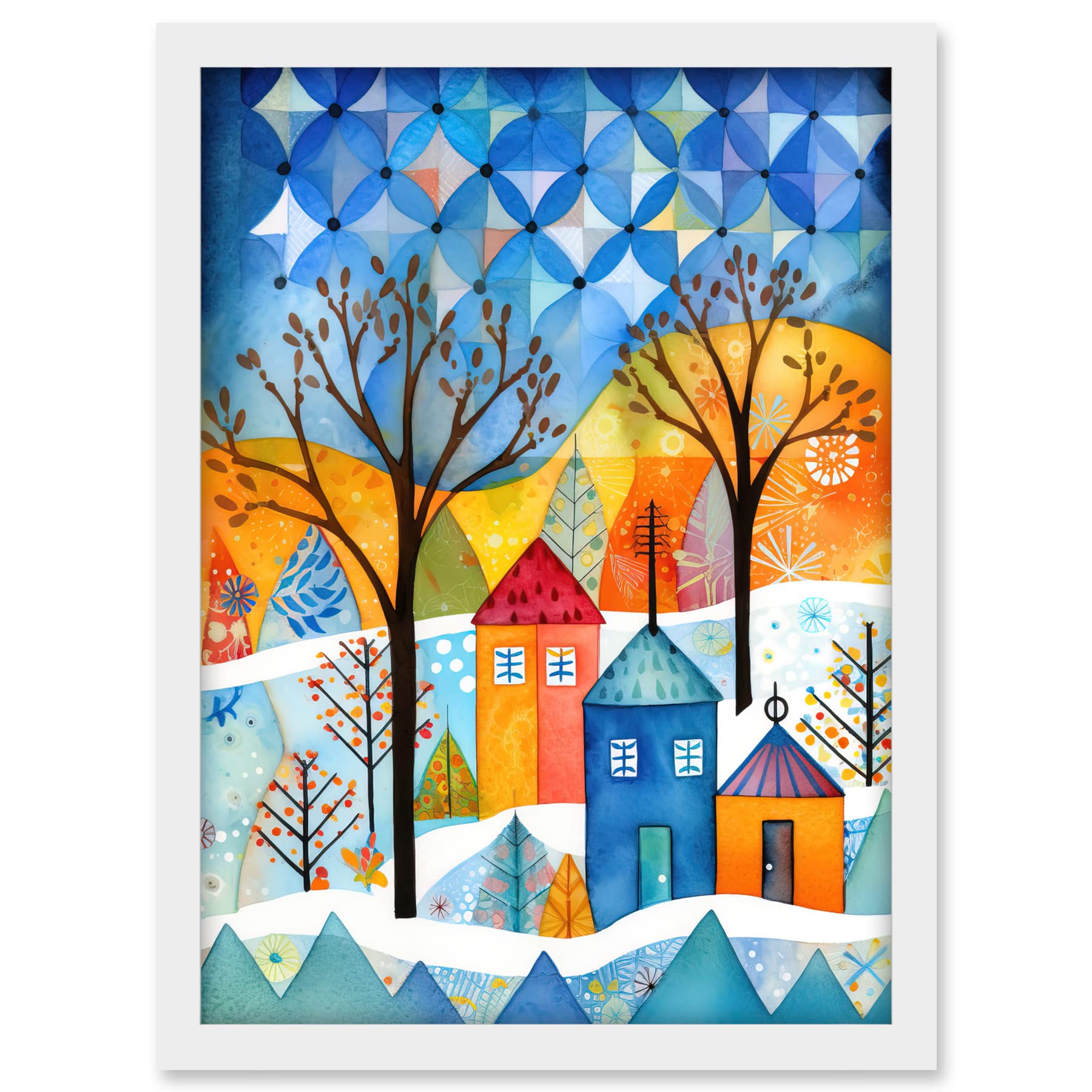 Artery8 Abstract Winter Snowfall Folk Art Artwork Framed A3 Wall Art Print