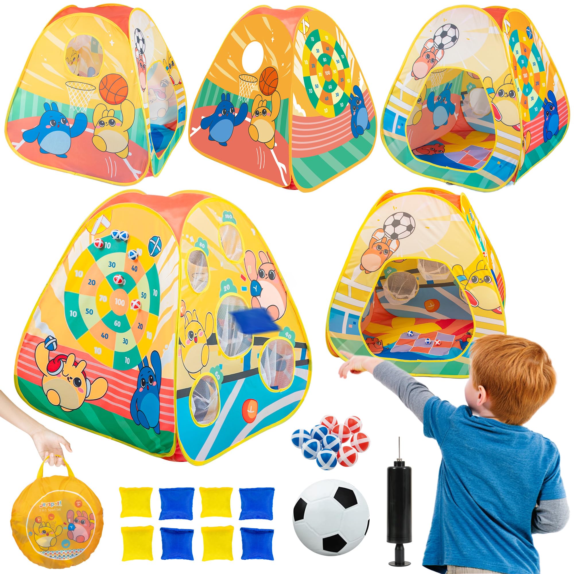 5-in-1 Kids Play Pop Up Tent with Bean Bag Toss Game Outdoor Toys, Tic Tac Toe, Dartboard,Soccer, Basketball, Carnival Outside Combo Set for Backyard