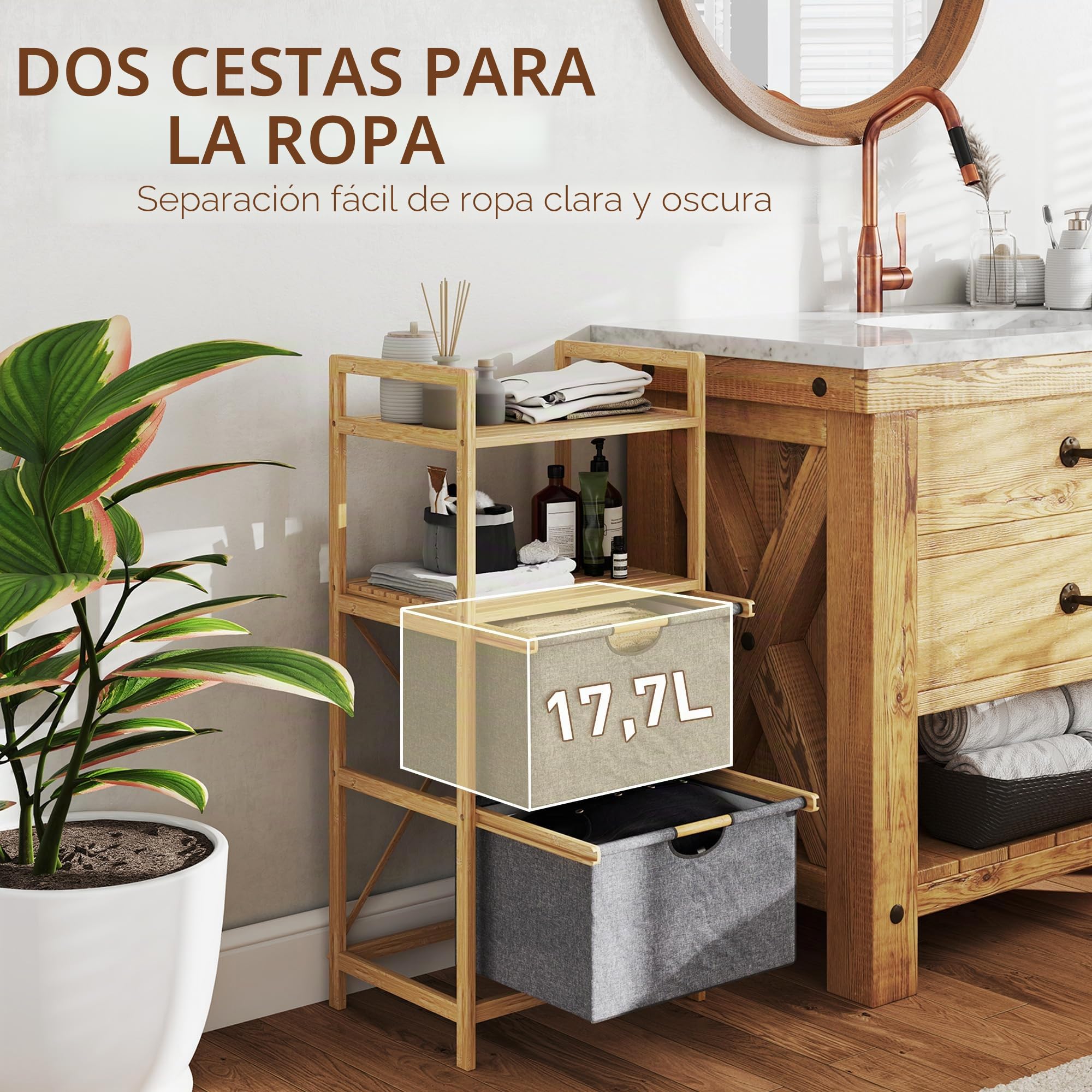 HOMCOM Cesta de ropa 35,4 L con 2 cestas de tela, con asa, Natural | Cesto para ropa, estantes abiertos, caja de ropa, para baño, bambú.