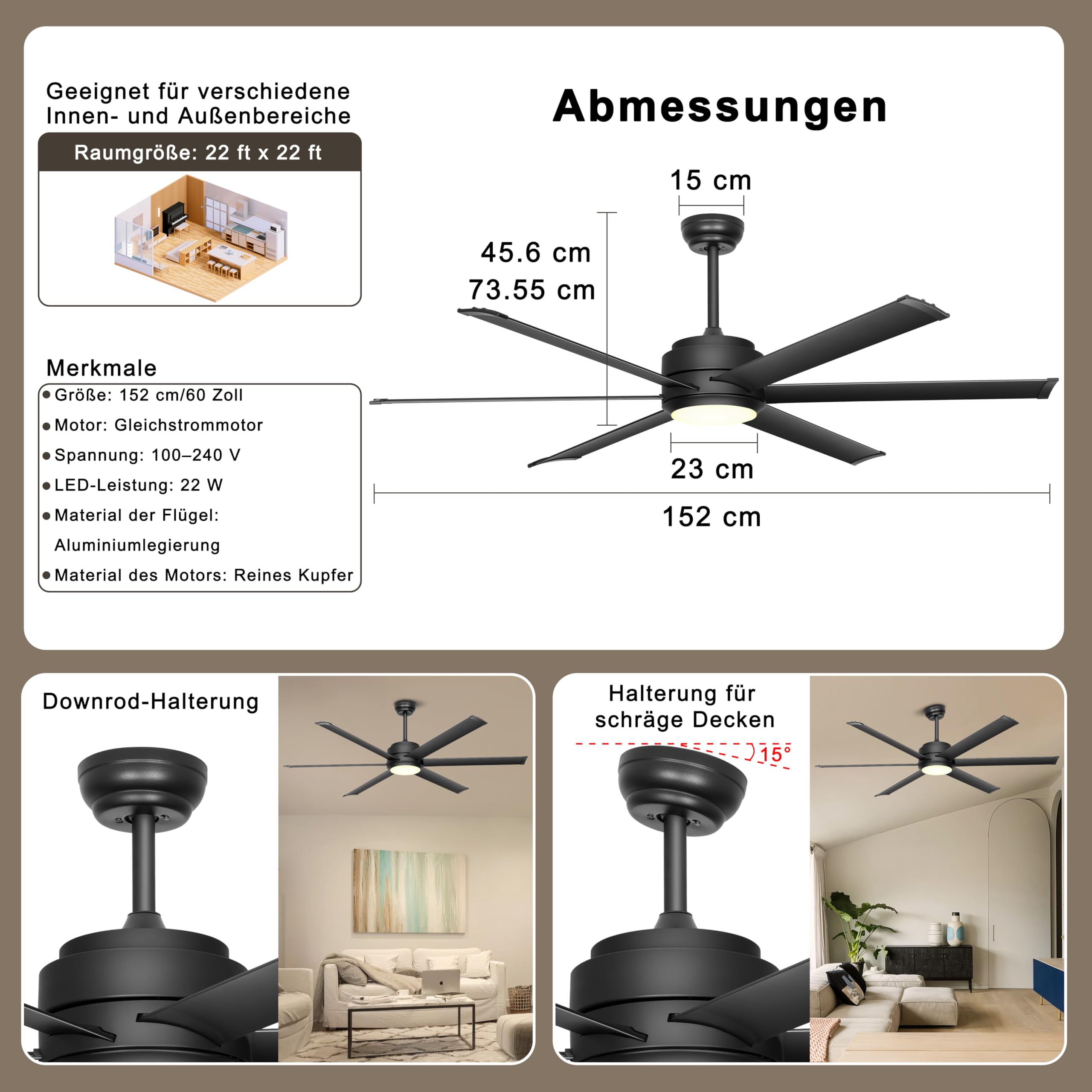 Ohniyou Deckenventilator mit Beleuchtung 152,4 cm 60 Zoll dimmbar Gleichstrommotor Fernbedienung App
