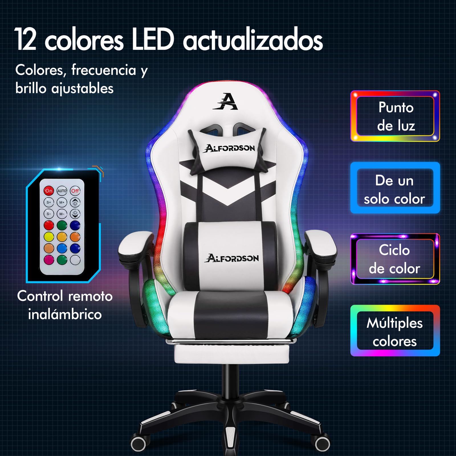 ALFORDSON LED Silla Gaming, Silla Gamer con Masaje de 8 Puntos, Silla de Ordenador Ergonómico con Iluminación RGB con Soporte Lumbar y Reposacabezas, Altura Ajustable, Blanco