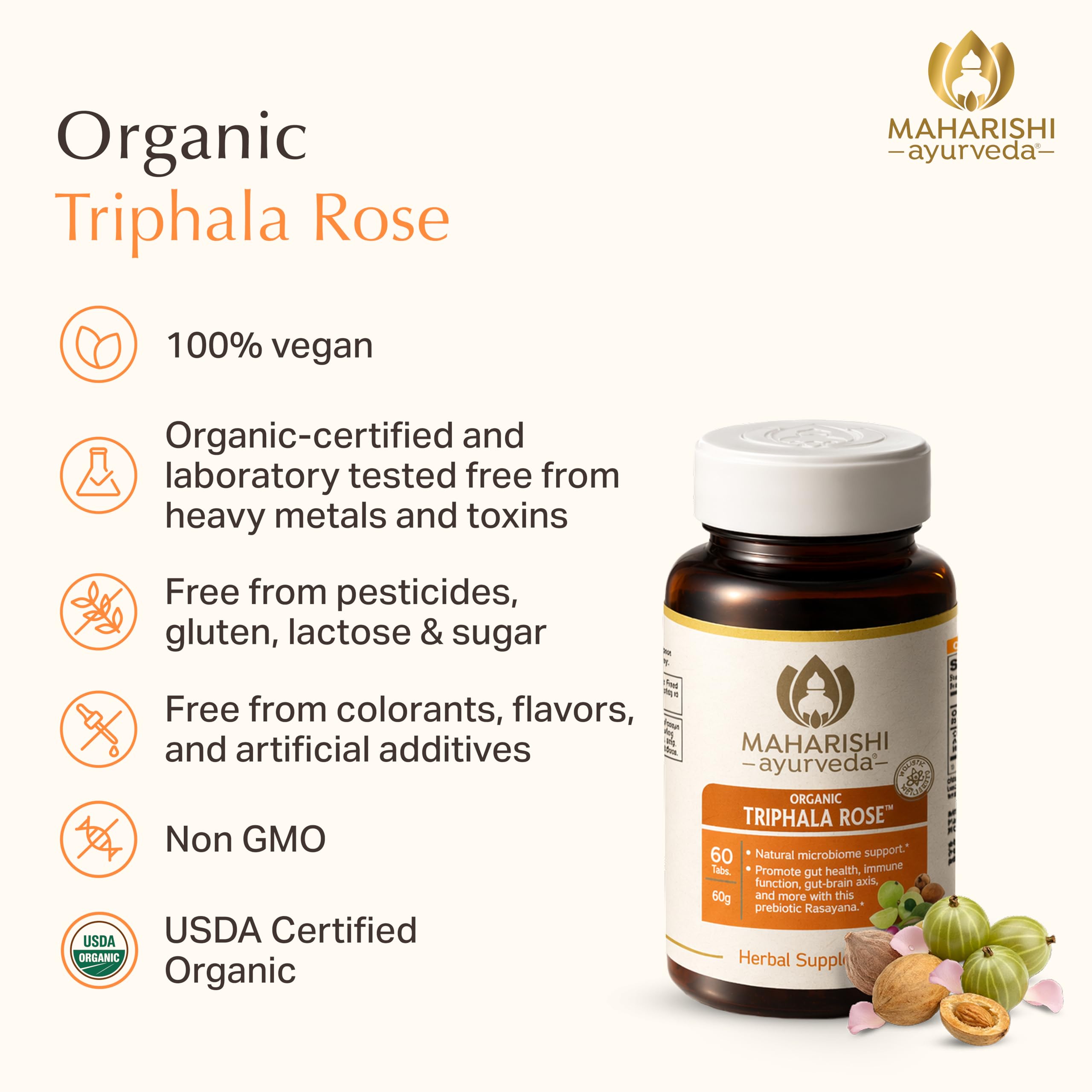 Maharishi Ayurveda Organic Triphala Rose – 1000 mg, 60 Tabs – Herbal Supplement that Supports Microbiome & Immune Function, Promotes Gut Health & Digestion. 100% Organic | Non-GMO | USDA Certified. — Amazon image 4