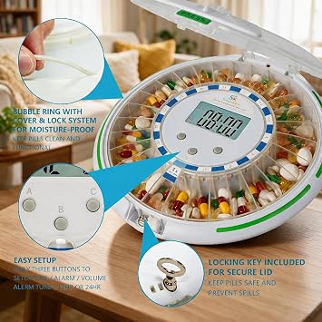 Automatic Pill Dispenser with Safety Lock for Seniors, Dementia
