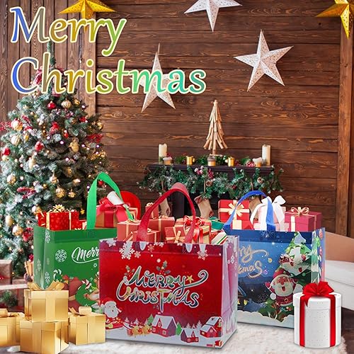 Miniatura 4 de MATONELL 12 bolsas de Navidad grandes para regalo de Navidad con asas, bolsas reutilizables de Navidad no tejidas, bolsas de compras para