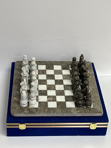 Miniatura 4 de Juego de ajedrez de mármol hecho a mano de 15 pulgadas con caja de regalo de terciopelo azul, tablero de ajedrez de piedra y piezas talladas (gris