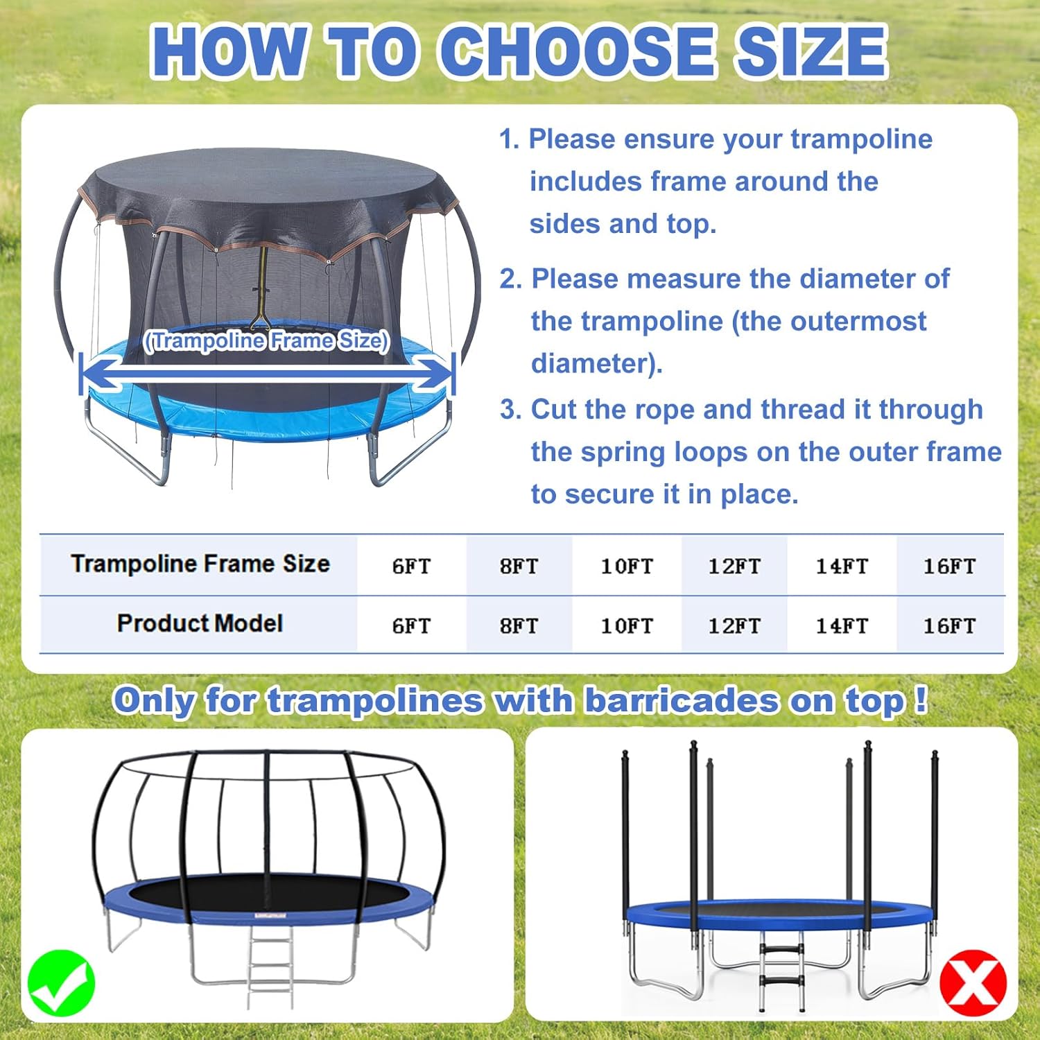 Trampoline Sun Shade Cover, 6FT 8FT 10FT 12FT 14FT 16FT Outdoor Round Trampoline Top Cover 90% Sunshade Cloth High-Density Shade Netting