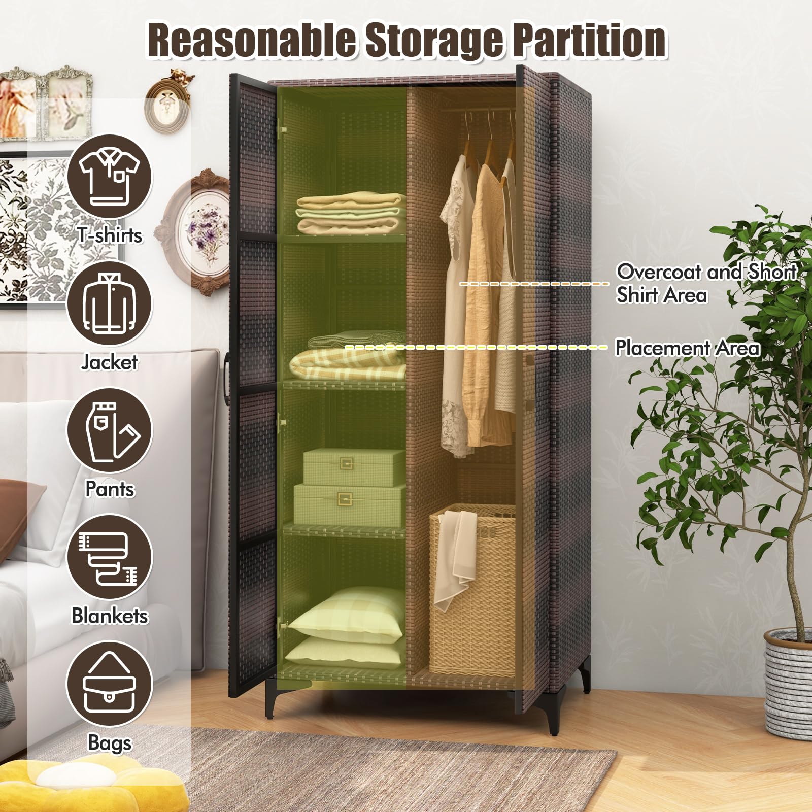 KOMFOTTEU Gartenschrank aus Rattan, Aufbewahrungsschrank mit 5 Einlegeböden & Hängeregal, Terrassenschrank Geräteschrank mit Doppeltüren, Rattanschrank 72 x 50 x 157 cm (Mix Braun)