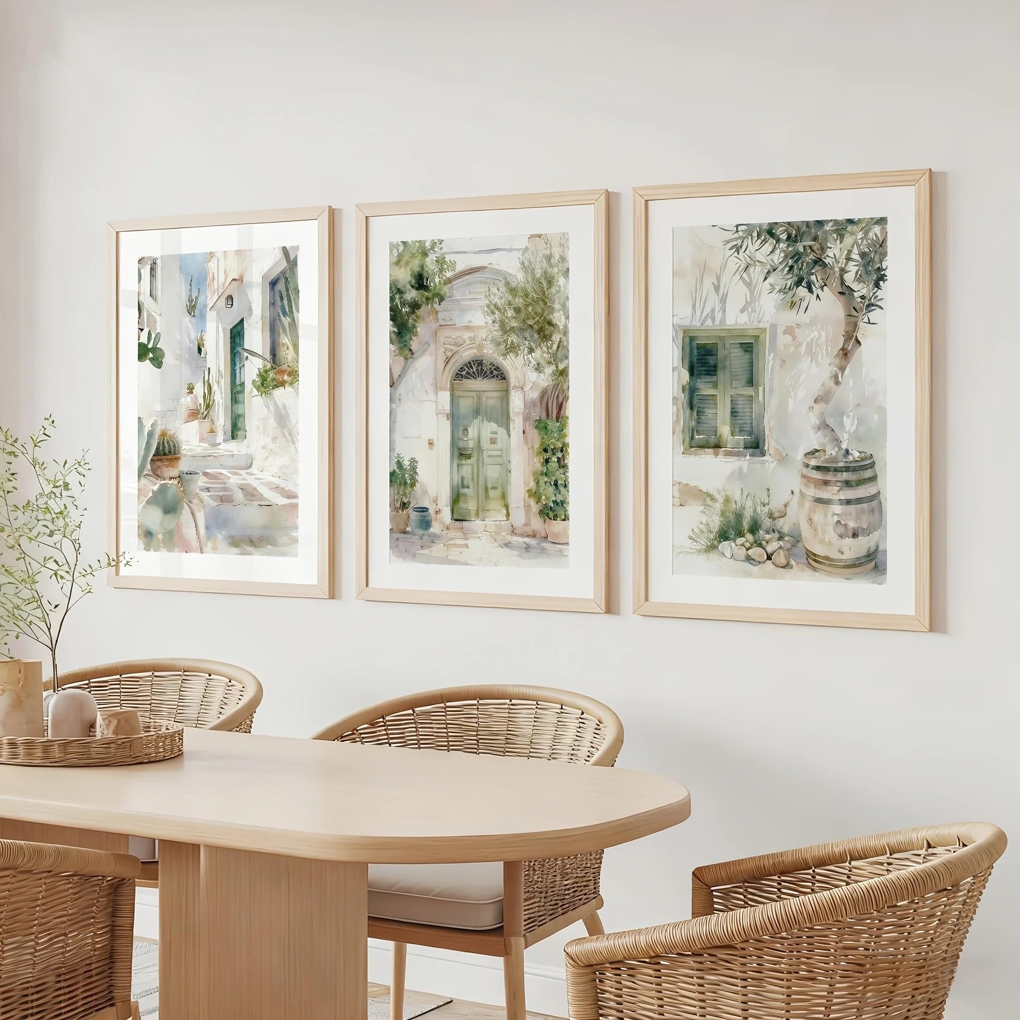 Lienzo decorativo con imagen de una calle de un pueblo mediterráneo, estilo bohemio griego e italiano, arte mural minimalista (70x100cm x 3/marco interno).