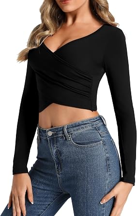 Womens Front Cross Wrap Crop Tops Deep V Neck Fitted Going Out T Shirts