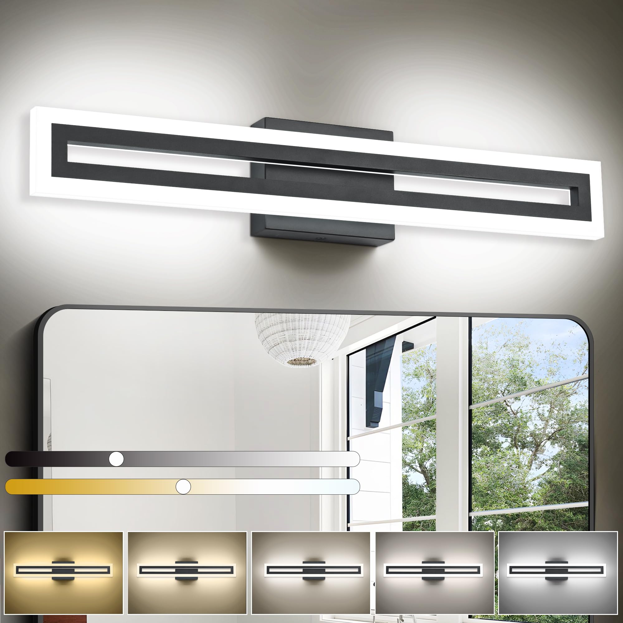SOLFART 24 inch LED Vanity Lights Black Bathroom Light Fixture 5 Color Adjustable Bathroom Vanity Lights Over Mirror LED Vanity Lighting Fixtures Light Bar 5CCT