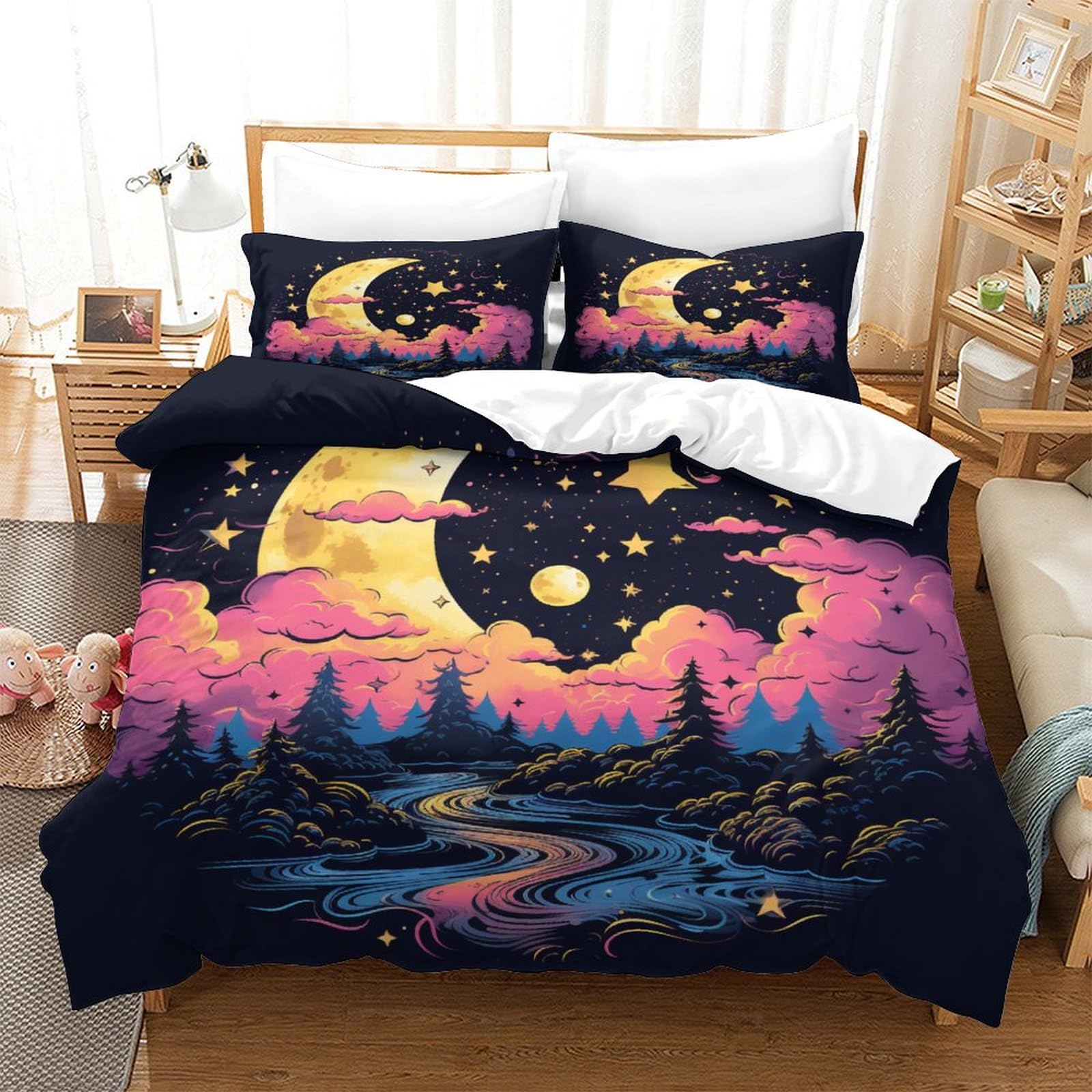 P1S9U7W5Y Dreamy Starry 3D Printed Duvet Cover Set 3pcs Microfiber Moon Night Bedding Set Double