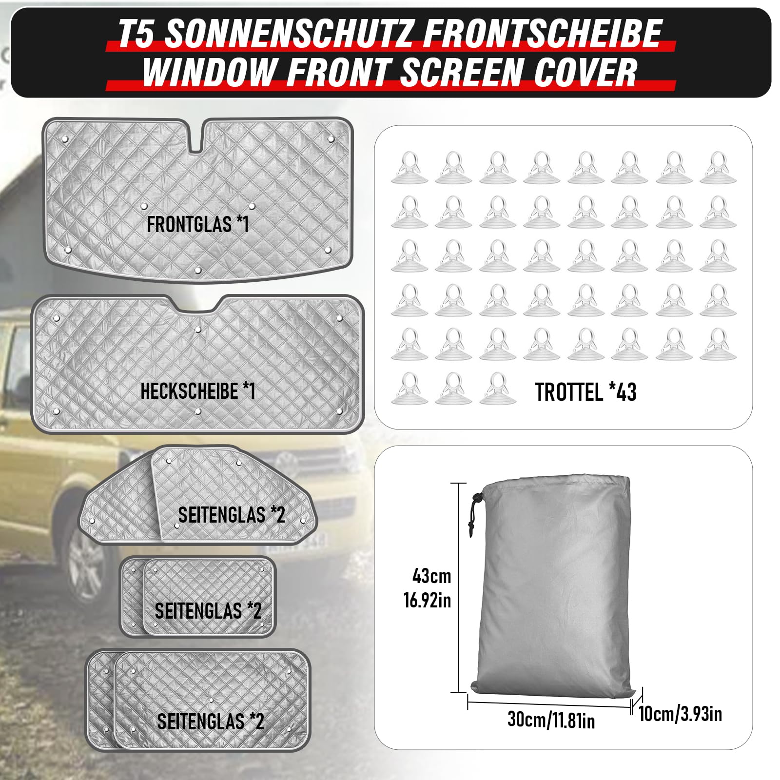 MaxAwe 8 szt. mat termicznych do kabiny kierowcy, pasuje do VW T5/T6 LWB, luksusowa wewnętrzna osłona przeciwsłoneczna na przednią szybę, zestaw żaluzji termicznych, zaciemnienie, ochrona przed
