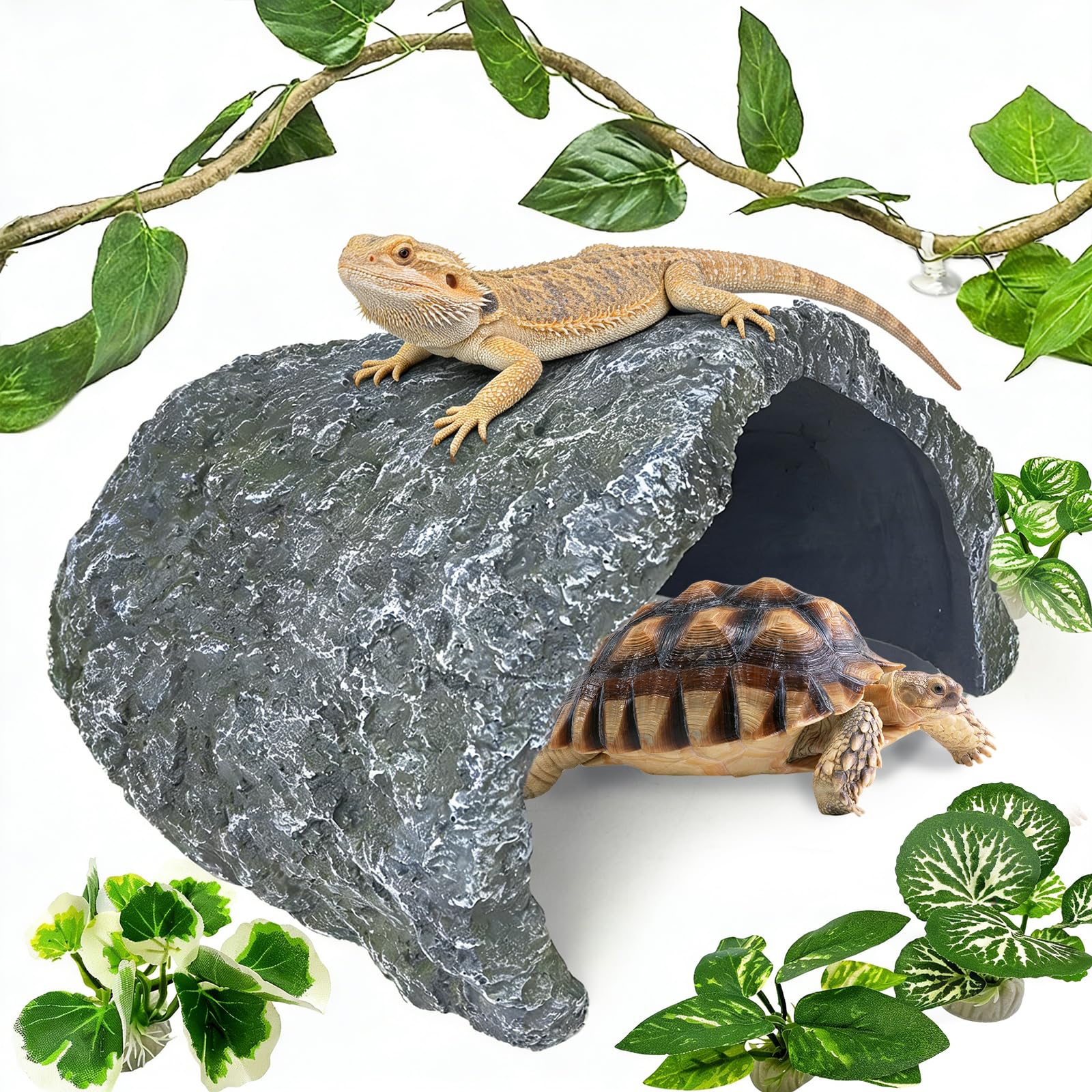 Photo 1 of Tfwadmx Extra Large Reptile Hideout,Tortoise Hide Cave Shelter,Reptile Basking Platform with Vines Plant Leaves,Bearded Dragons Hiding Rock Terrarium Habitat Decor for Lizards,Snakes,Turtles,Geckos