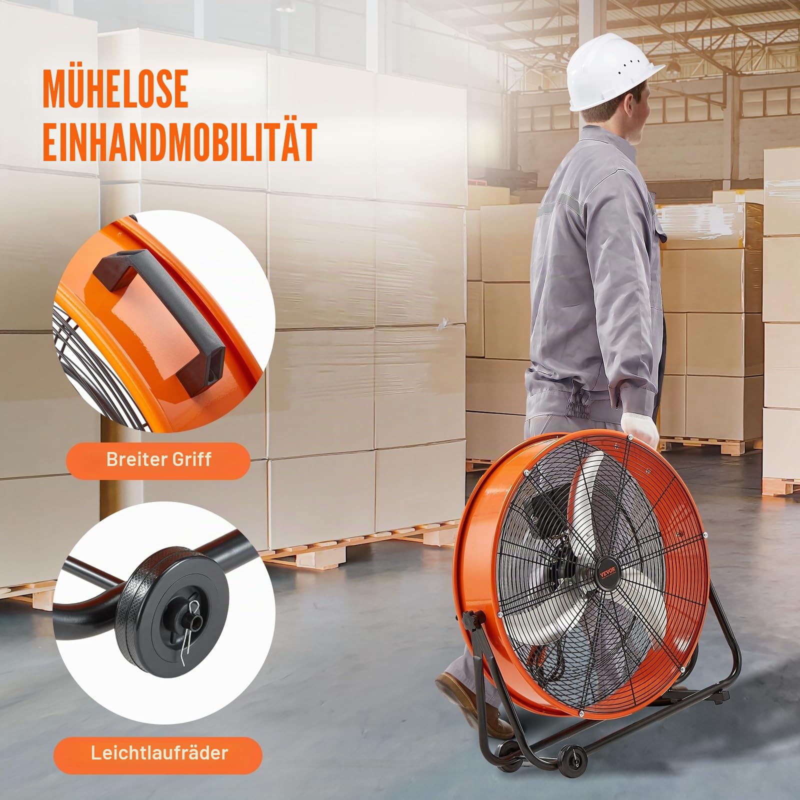 VEVOR Trommelventilator, Bodenventilator, Industrieventilator, 3 Gang, 8600 CFM, 360° verstellbare Neigung, 0-2-Stunden-Timer, Standventilator, Windmaschine für Lager, Werkstatt, Fabrik, Keller
