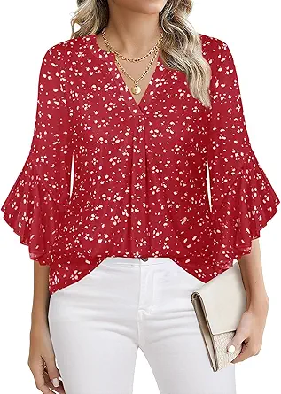Ninedaily Womens Tops 3/4 Sleeve Dressy Casual Blouses Double Layers V Neck Shirt