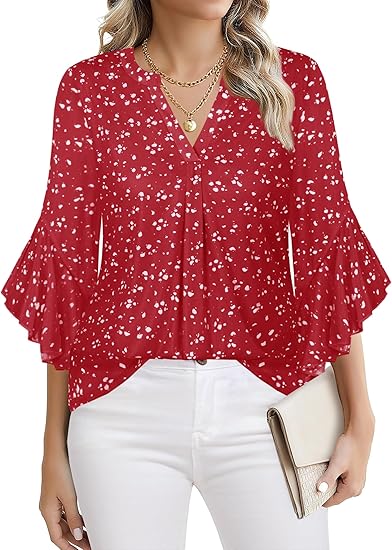 Ninedaily Womens Tops 3/4 Sleeve Dressy Casual Blouses Double Layers V Neck Shirt