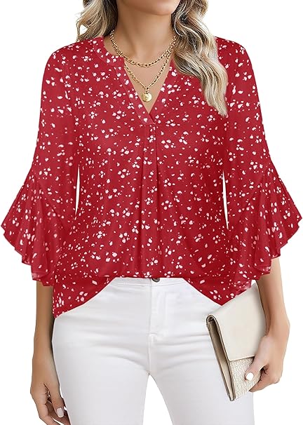 Ninedaily Womens Tops 3/4 Sleeve Dressy Casual Blouses Double Layers V Neck Shirt