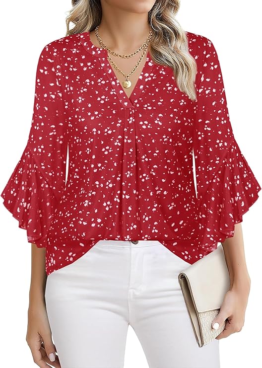Ninedaily Womens Tops 3/4 Sleeve Dressy Casual Blouses Double Layers V Neck Shirt
