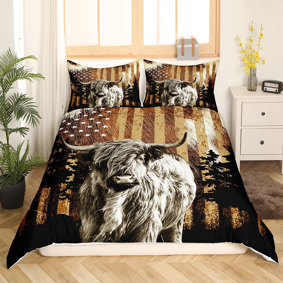 Feelyou Highland Cow Bedding Set for Boys Girls Highland Cattle Comforter Cover Set Queen Size American Flag Animal Duvet Cover Bedroom Decor Bedspread Cover Western Decor Bedding Collection 3Pcs