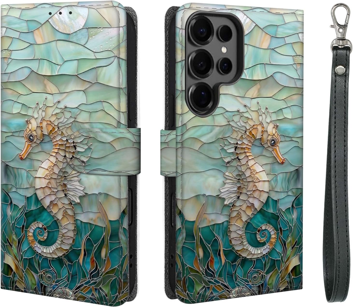 for Samsung Galaxy S26 Ultra Case, RFID Blocking PU Leather Flip Folio with Card Holder, Magnetic Closure, Wrist Strap, Shockproof Protective Cover, Stained Glass Seahorse