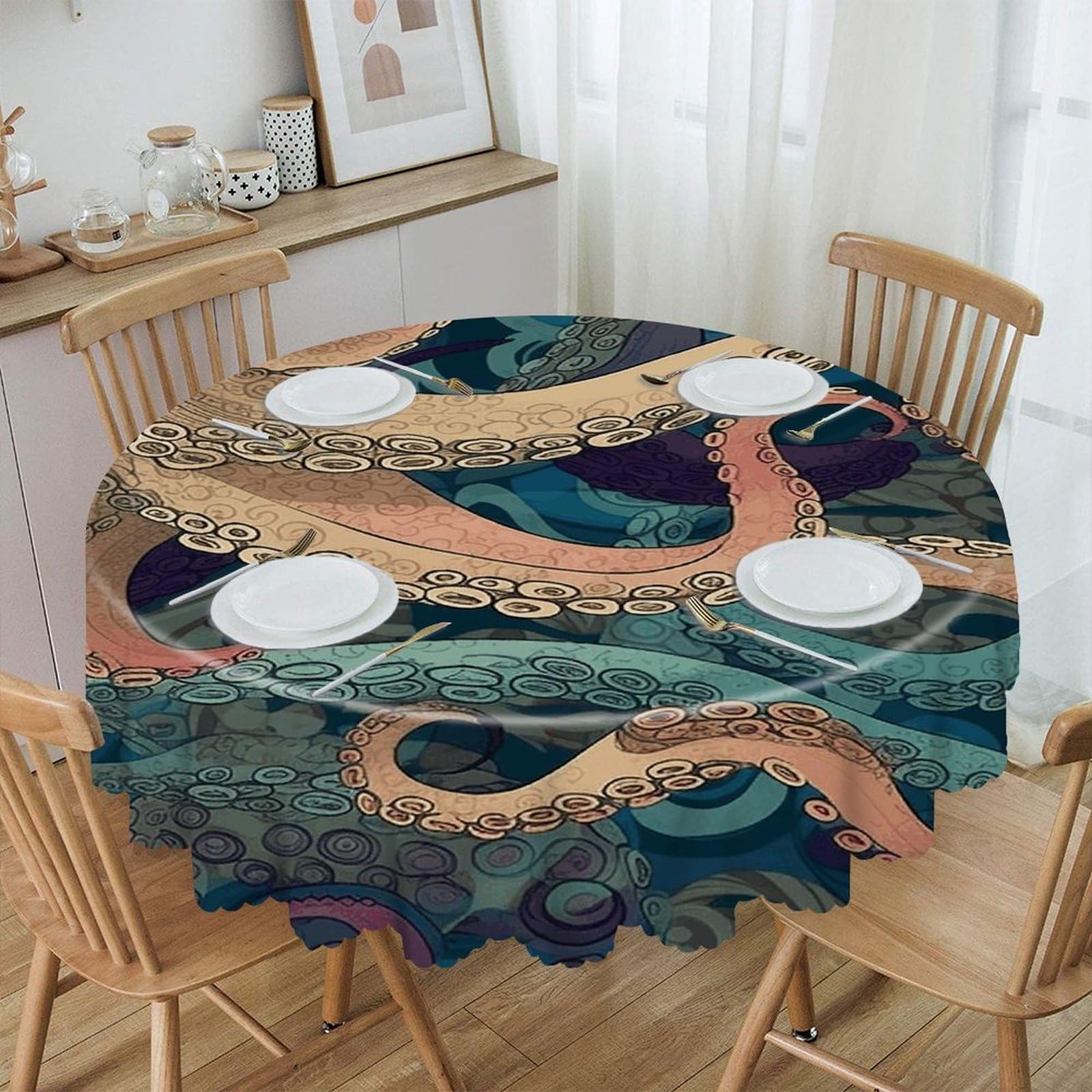 VstaDank Abstract Octopus Kraken Round Tablecloth Premium Polyester Table Cloth Heavy Duty Washable Fabric Tablecloth Waterproof Holiday Table Cover Decorative Tablecloths for Dining 60"