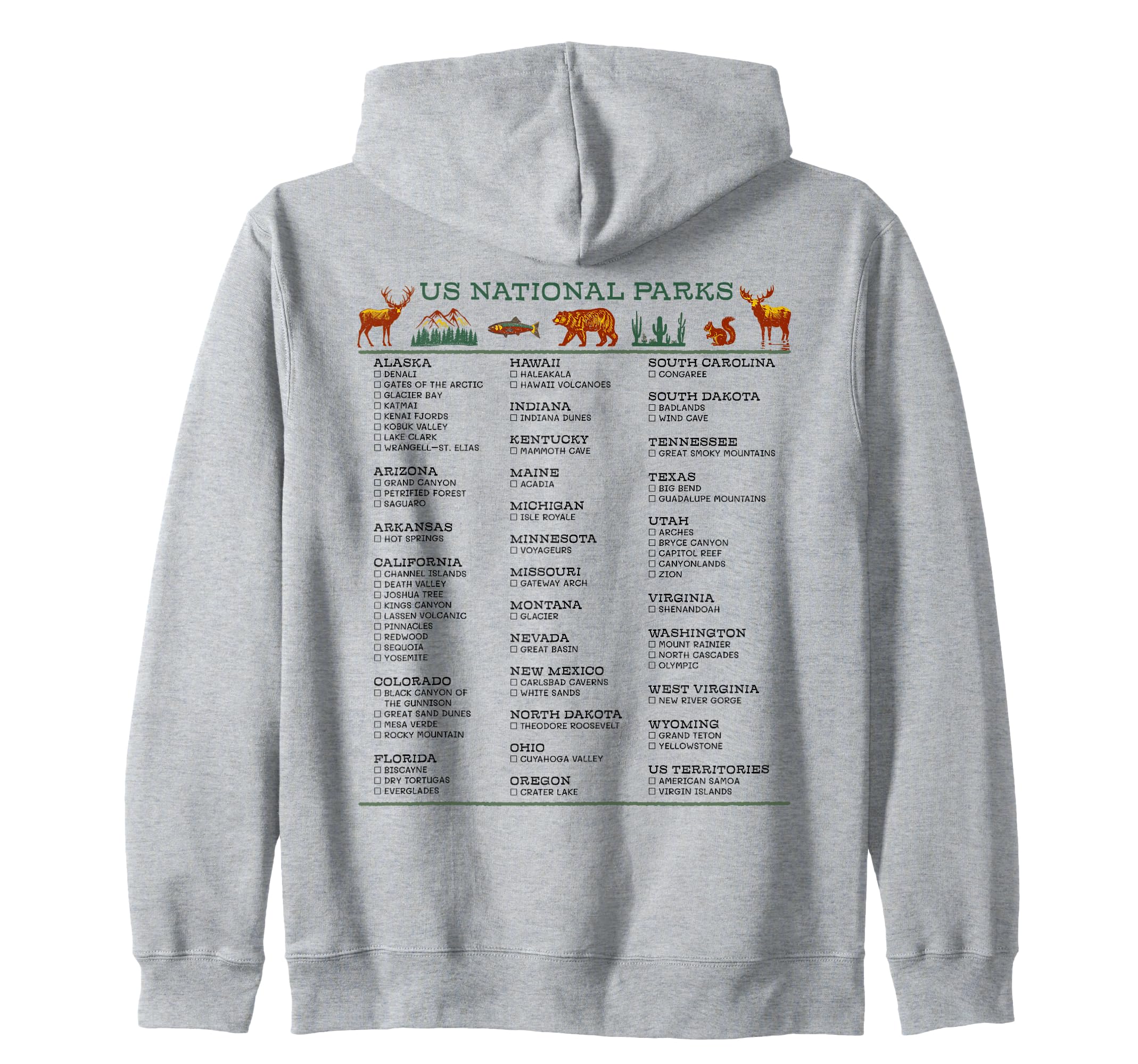 US National Parks List by State Check Off Checklist Souvenir Zip Hoodie