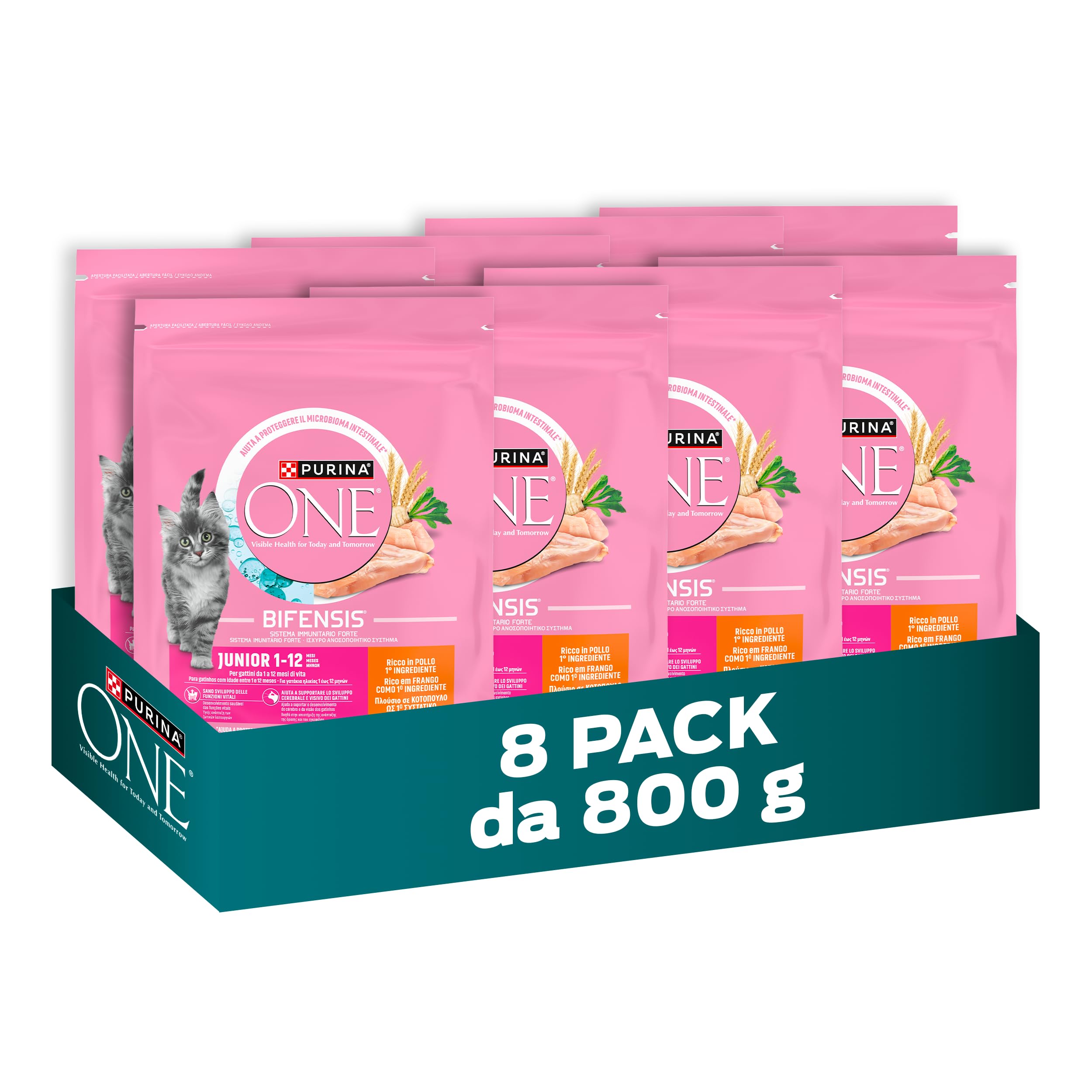 PURINA ONE Bifensis Junior, Crocchette per Gattini, 8 Sacchi da 800g