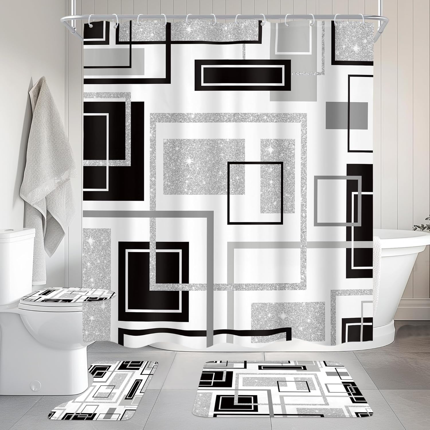 Cinbloo 4Pcs Abstract Silver Gray Grey Geometric Shower Curtain Set, Modern Mens Masculine Black Simple Cool Minimalist Bathroom Curtain with Rug Toilet Lid Cover Bath Mat with 12 Plastic Hooks