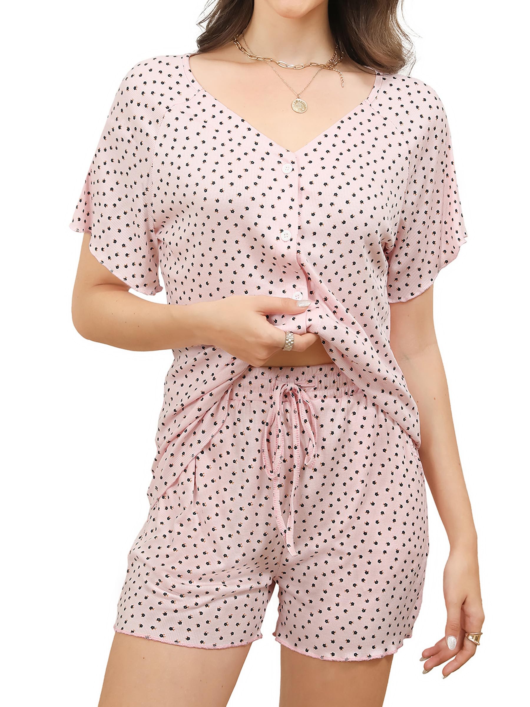 Reliwel Schlafanzug Damen Kurz mit Knopfleiste V-Ausschnitt Baumwolle Pyjama Set Shorty Loungewear Sleepwear Sommer Pijamas mit Shorts