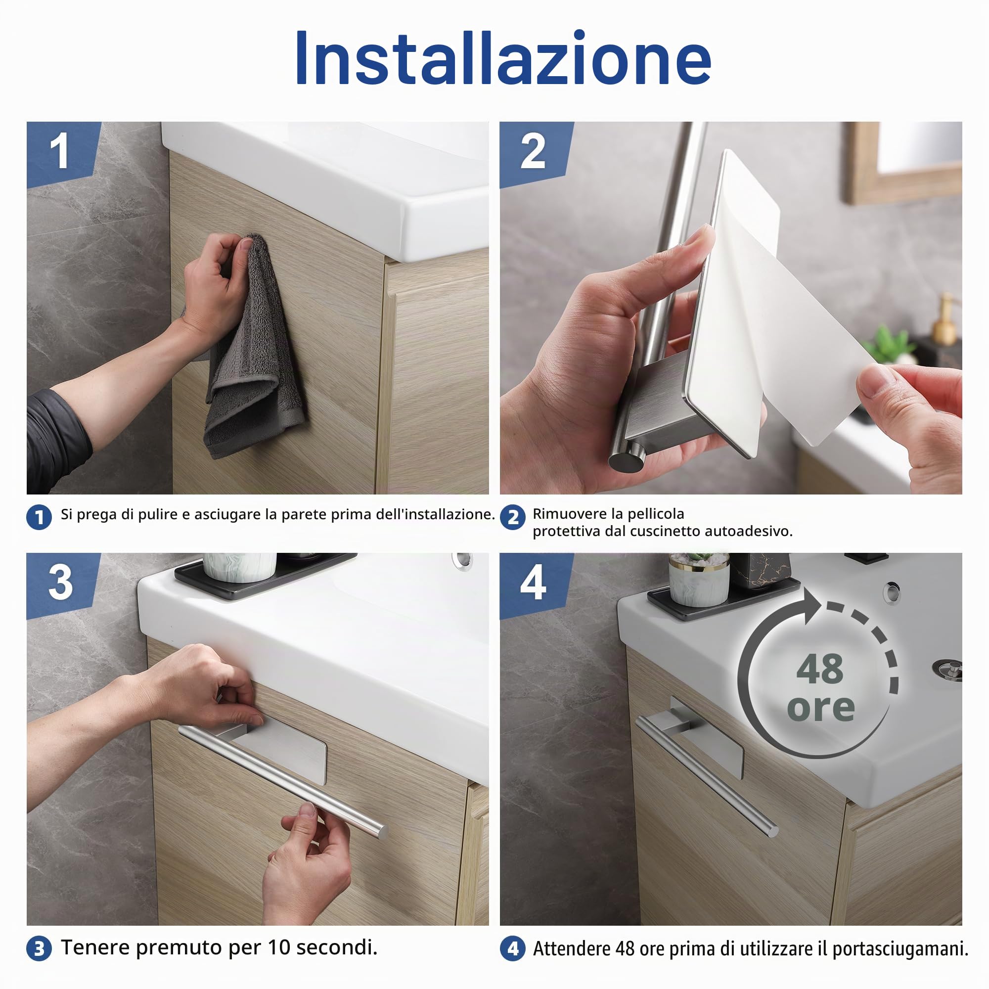 Porta Asciugamani Bagno Adesivo,Porta Salviette in Acciaio Inossidabile 304 Portasciugamani per Bagno e Cucina 28CM,Argento