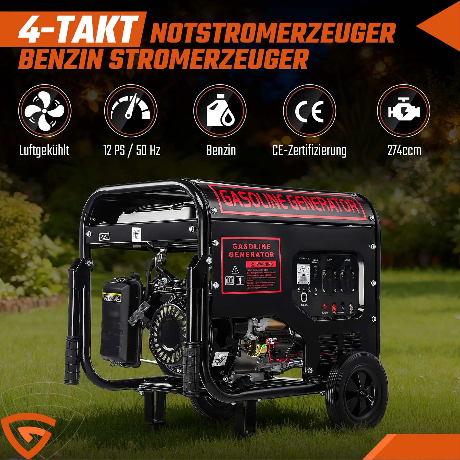 Benzin Stromgenerator mit E-Start | 4-Takt Benzin Motor mit 12PS | 5000W Leistung | 274mm Hubraum | 2x 230V | 12V Anschluss | 15L Tank | AVR-Technologie | inkl. Fahrvorrichtung