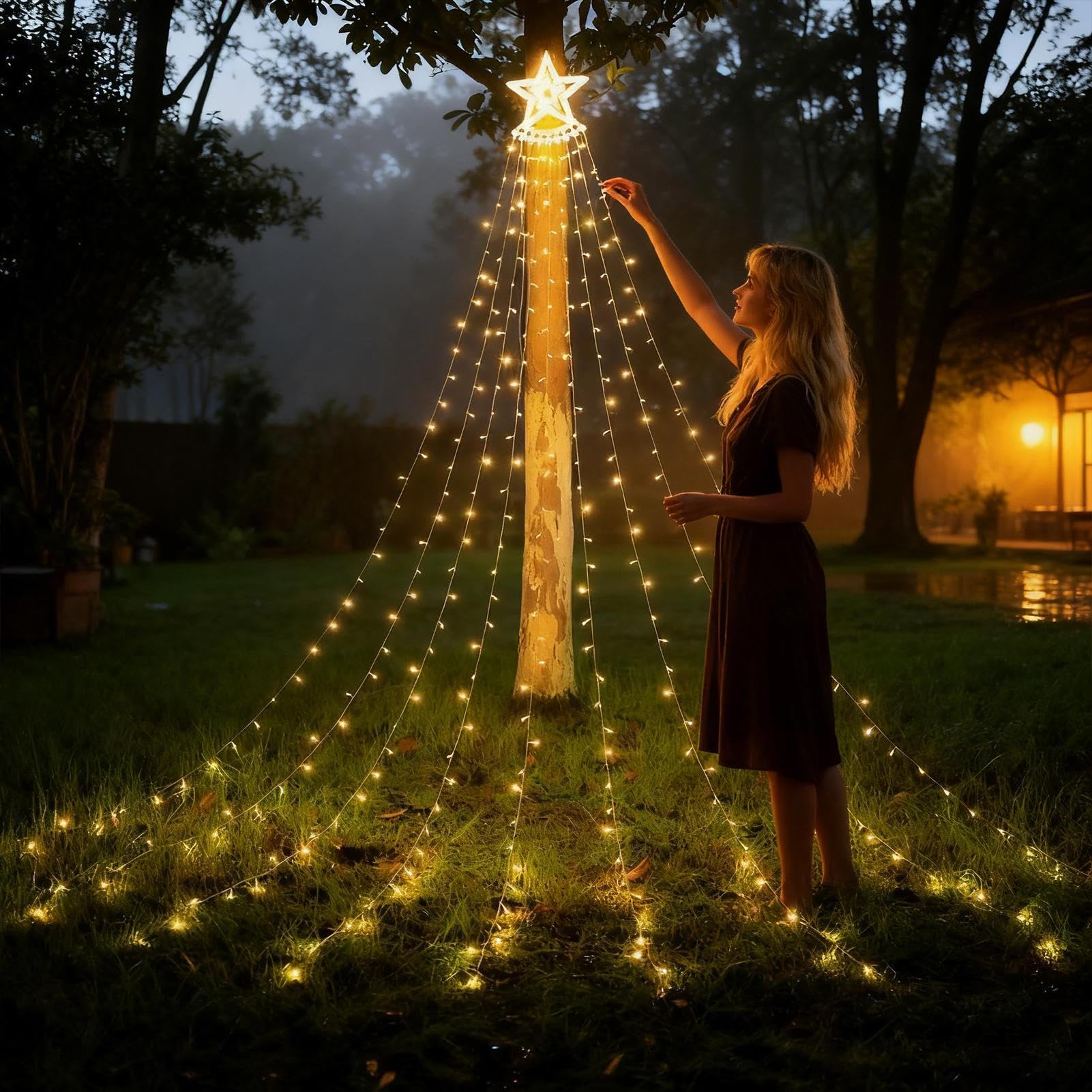 Genérico Luces Navideñas Solares Iluminación Ambiental Estrella Multimodo | Luces de Cascada Navideñas para Exterior con Energía Solar Para Decoración De Jardín Patio Sala De Estar Navideña Boda Año