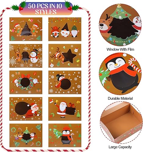 Vista 3 de Cholemy Paquete de 50 cajas de regalo de Navidad, caja de galletas de Navidad, caja de pastelería con ventana transparente con tapas, suministros