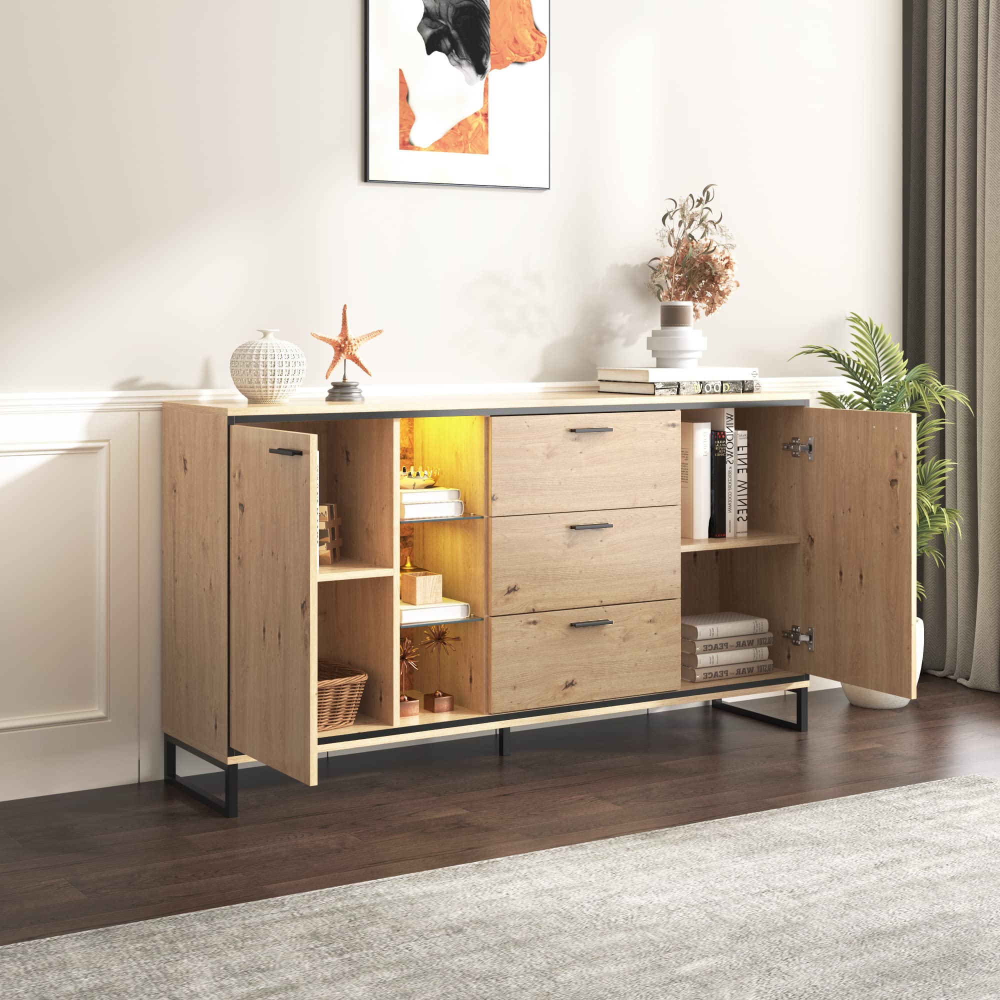 Credenza a tre cassetti con due ante Squisita venatura Credenza moderna in colore legno con ripiani - Mobili eleganti e funzionali, colore nero e legno.