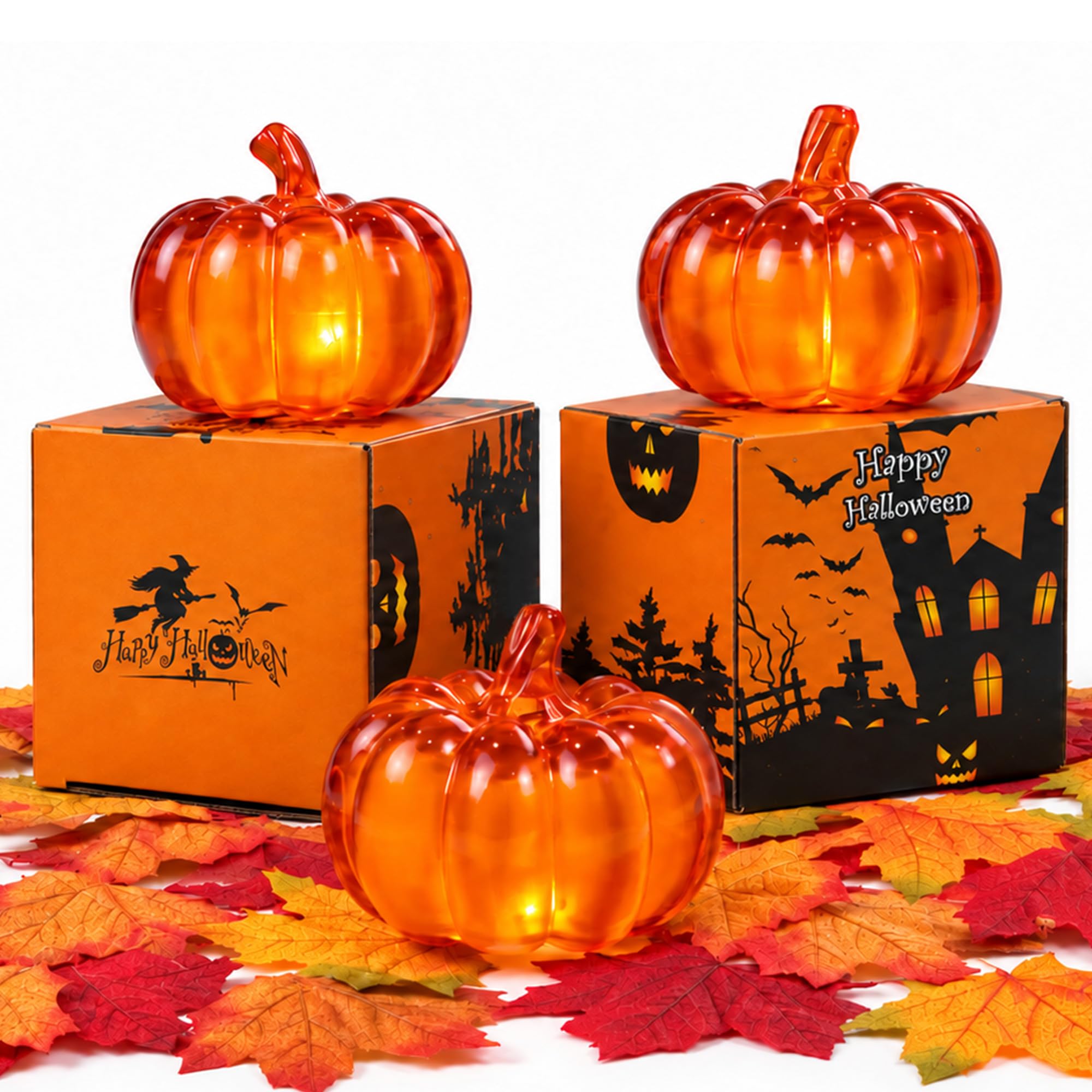 Necsie Halloween LED Pumpkin Decorations Set, 1*Bright Orange & 2*Amber Light Up Pumpkins and 24 Pcs Artificial Maple Leaves, Fall Autumn Decorations for Home Party Window Mantel Decor.
