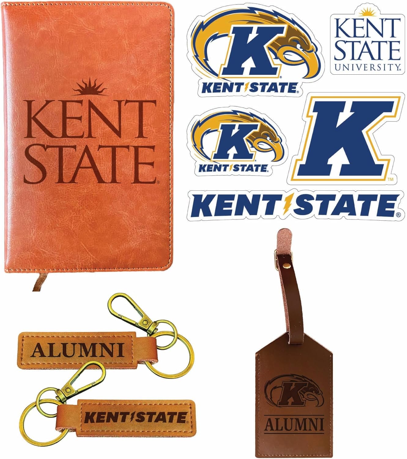 R and R Imports Kent Golden Flashes Offic. Lic. Grad Gift Set – Leather Journal, Alumni Keychain, Luggage Tag & 5-Pack Stickers