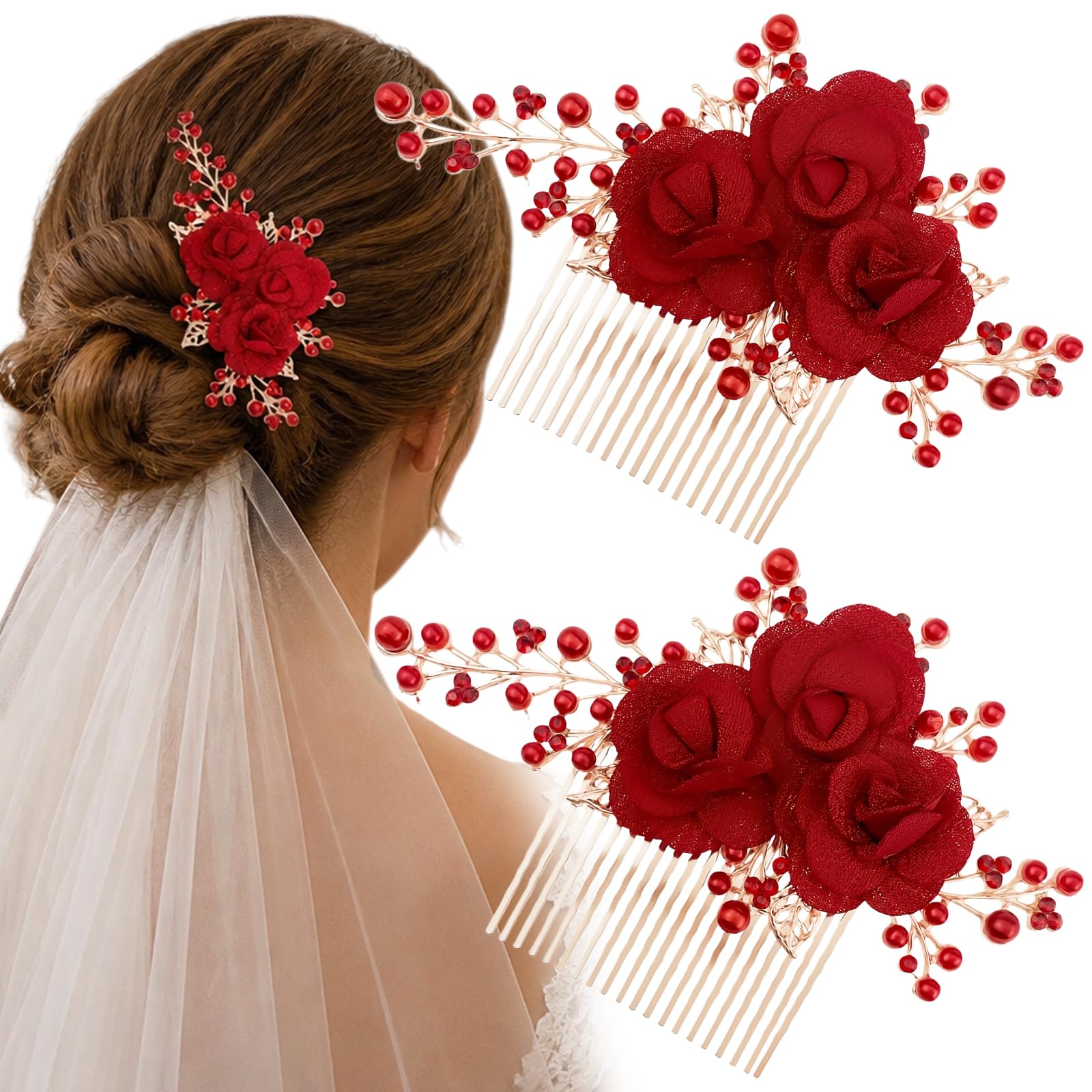 2 PACK Red Rose Flower Hair Comb Gold Bridal Headpiece